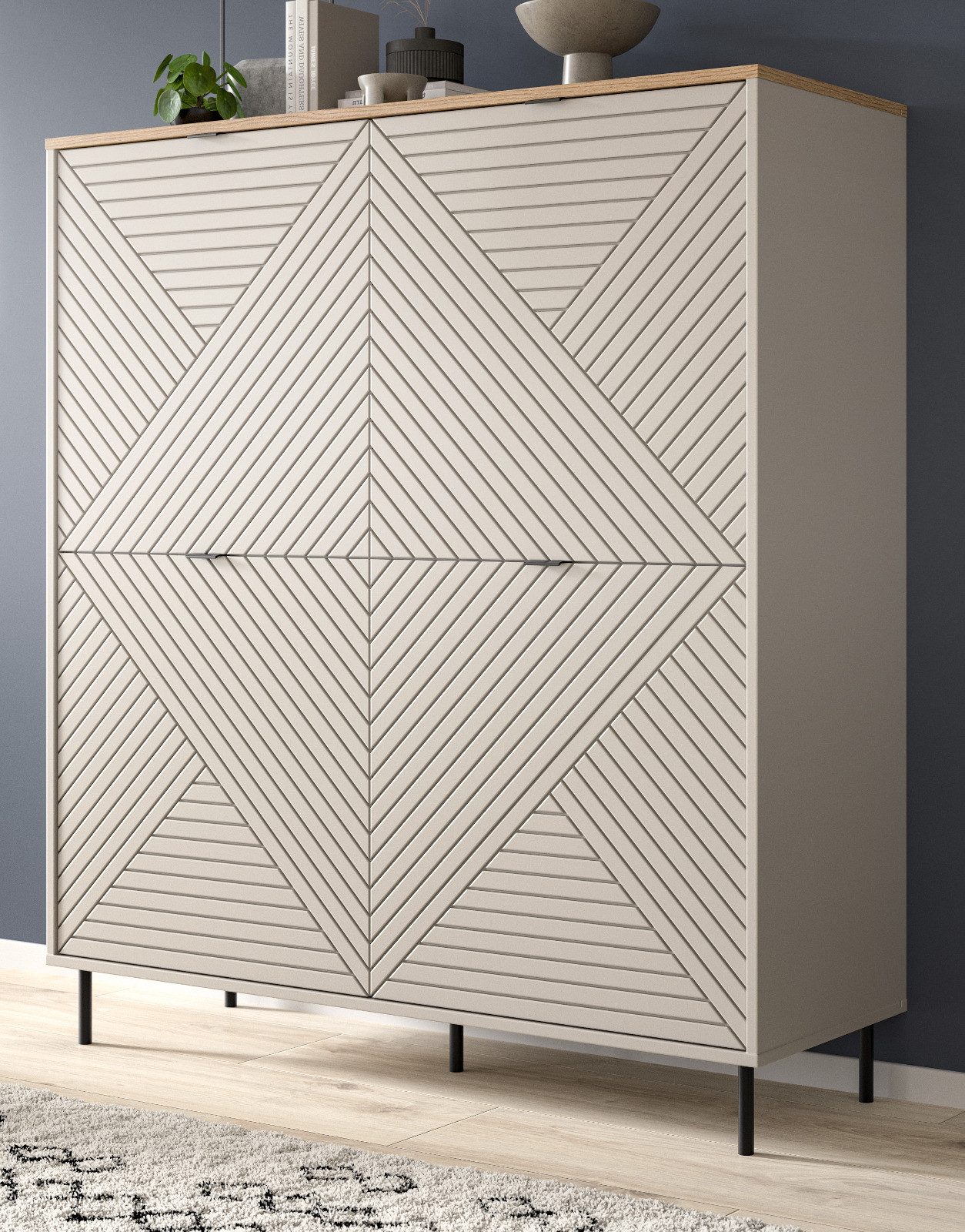 Furn.Design Highboard Bente (Hochkommode in Kaschmir / Sand und Eiche, 4-türig, 124 x 135 cm), mit viel Stauraum