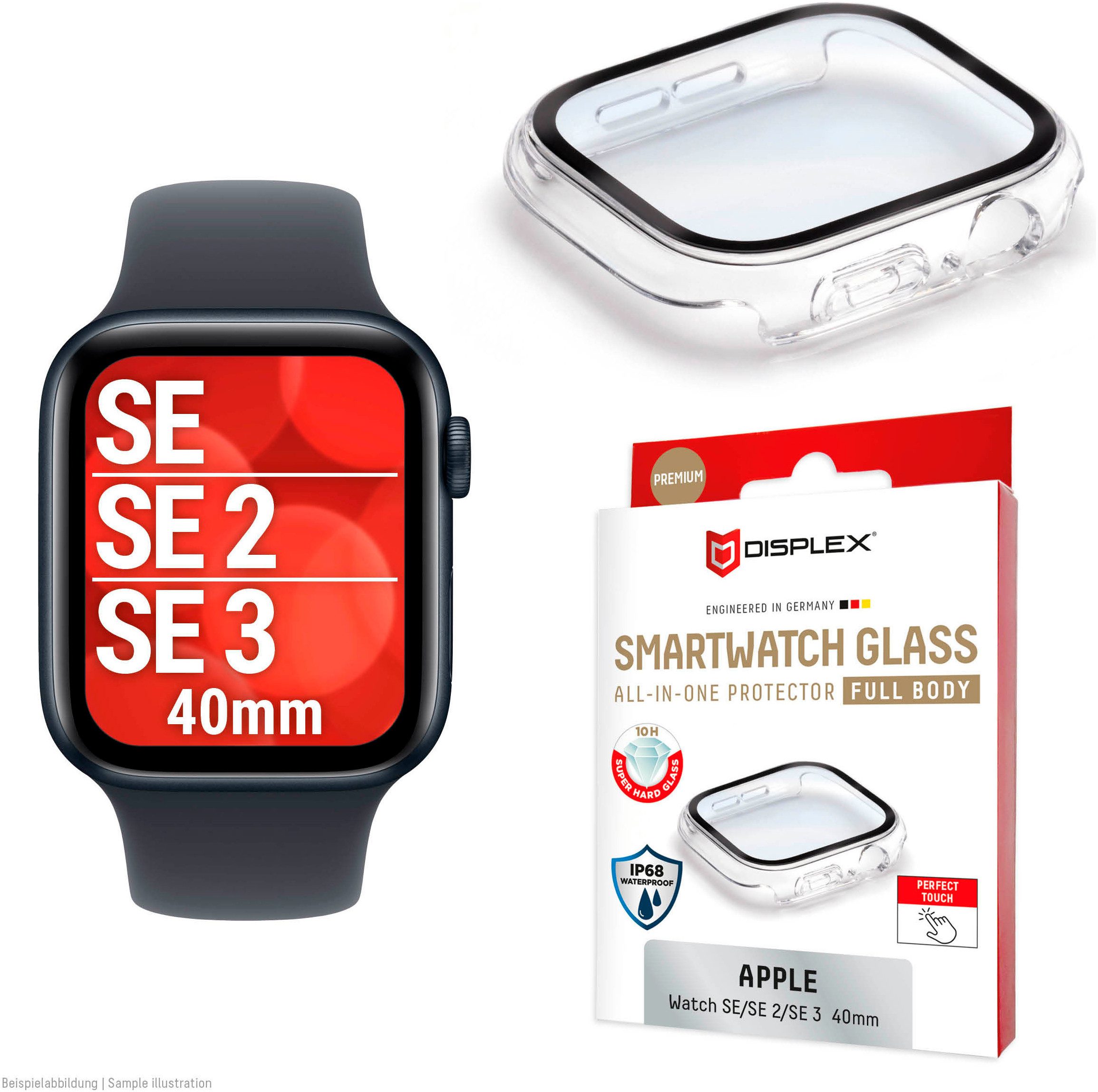 Displex Displayschutzglas Smartwatch Glass All-In-One Protector Full Body für Apple Watch SE 2 40 mm, Apple Watch SE 3 40 mm, Apple Watch SE 40 mm, Displayschutzfolie, Schutzfolie, Bildschirmschutz, kratz- & stoßfest