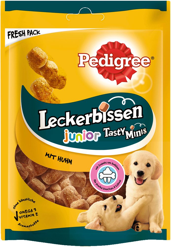 Pedigree PEDIGREE® Leckerbissen Tasty Minis Junior Portionsbeutel mit Huhn 125g, Snack für: Hund