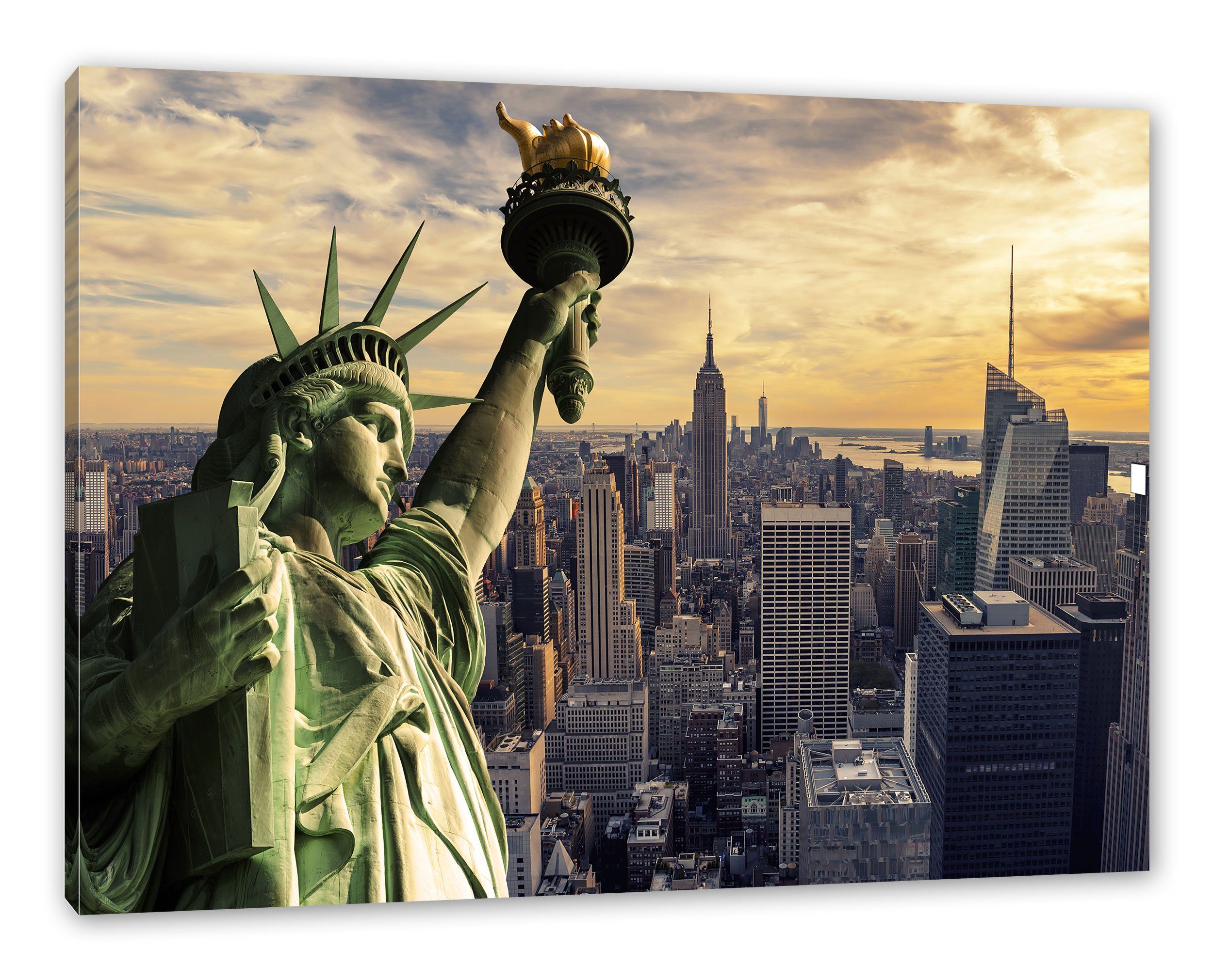 fertig Zackenaufhänger bespannt, in Pixxprint New York, St), inkl. New Freiheitsstatue Leinwandbild (1 Leinwandbild Freiheitsstatue York in