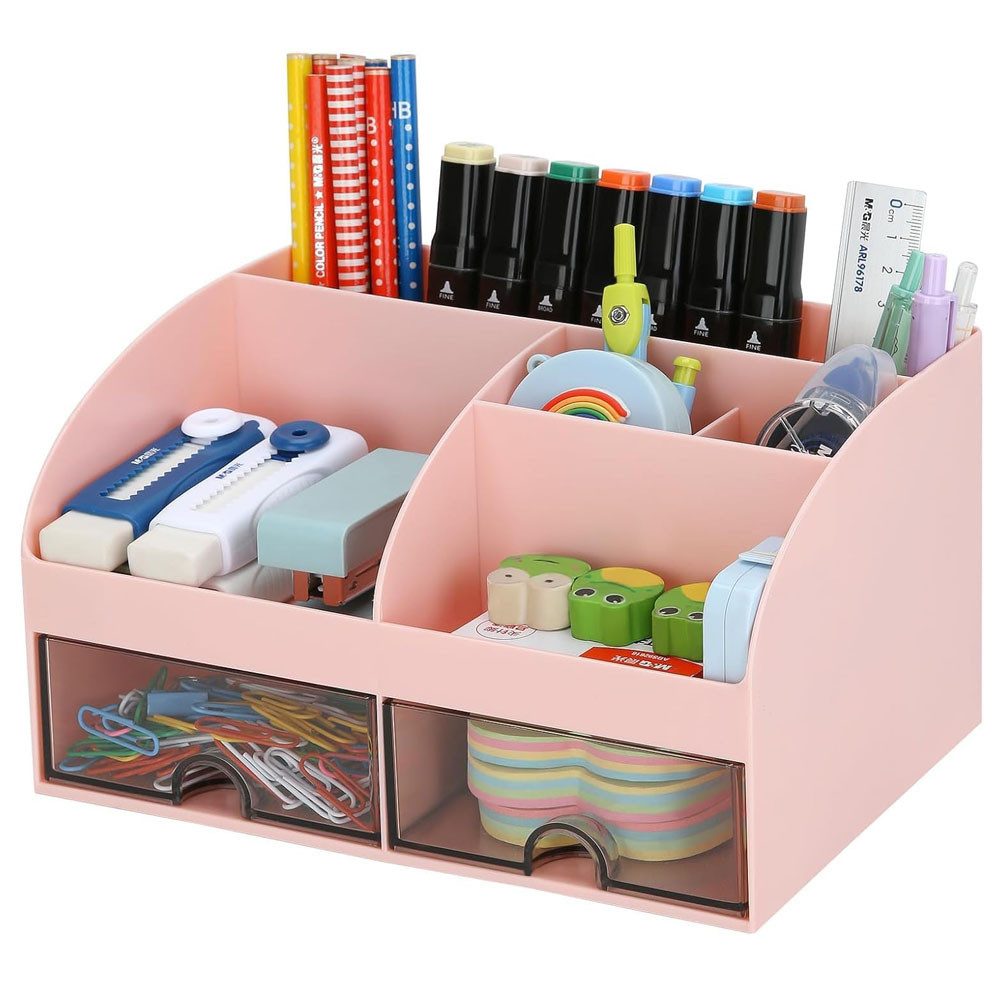 TUWENA Schreibtisch Schreibtisch Organizer Stiftehalter Stifte Organise mit 2 Schubladen, Multifunktionaler Stifteköcher für Büro Zuhause Schule Kinder 8 Fächer