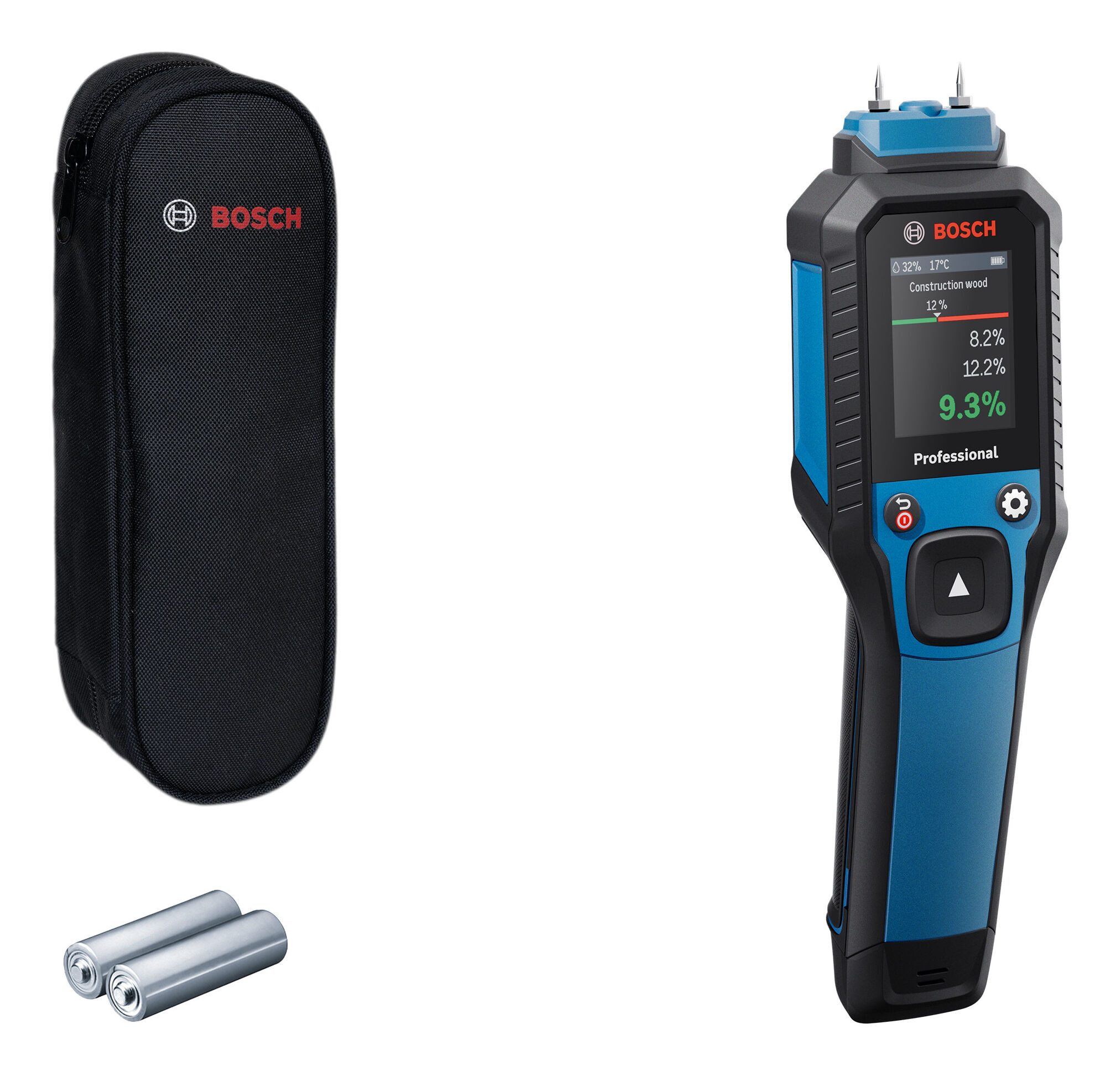 BOSCH Feuchtigkeitsmesser GMP 2-15, Materialfeuchtigkeitsmesser m. 2 x 1,5 V Batterie LR6 - in Tasche