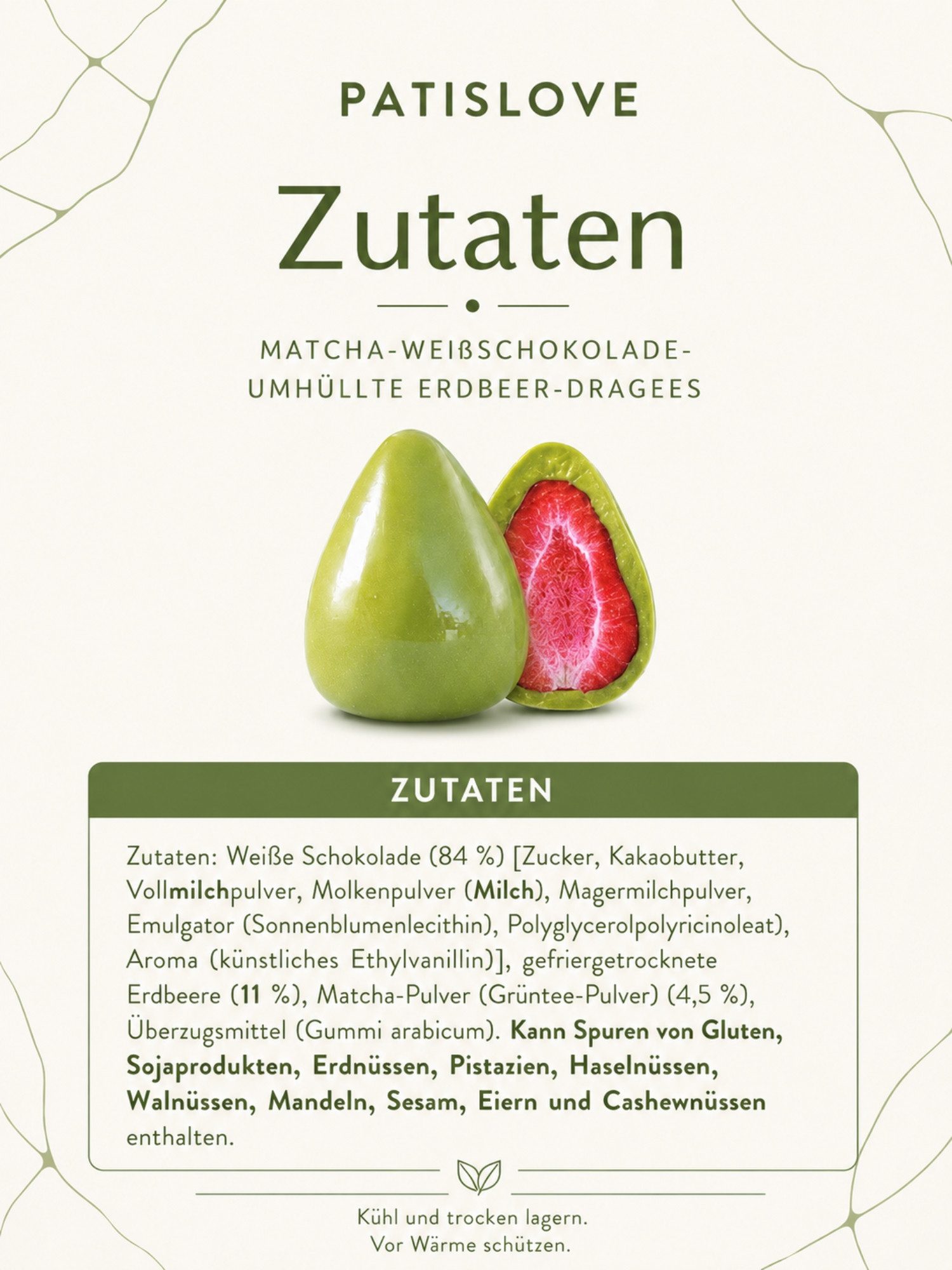 PATISLOVE Schokolade Matcha Erdbeer-Dragees gefriergetrocknet 80 g süßer Snack, 1 x 80 g, mit gefriergetrockneter Erdbeere, mit Matcha