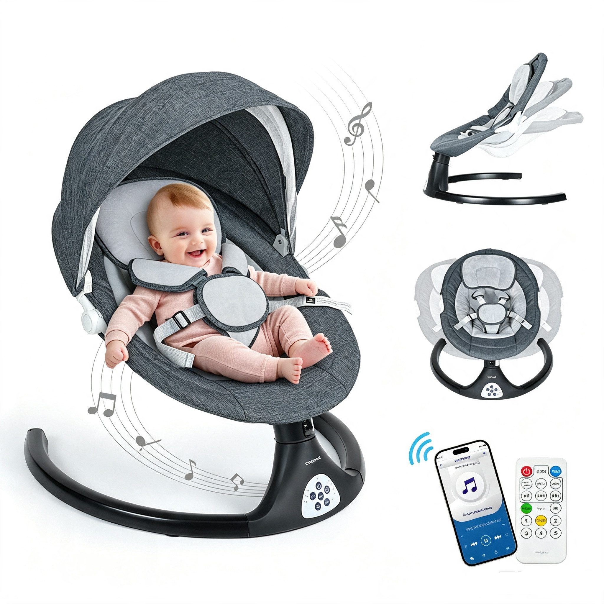 Insma Babyschaukel 5 Gang Elektrische bluetooth-Babywippe, mit 10 Liedern und Fernbedienung, Batteriekompatibel