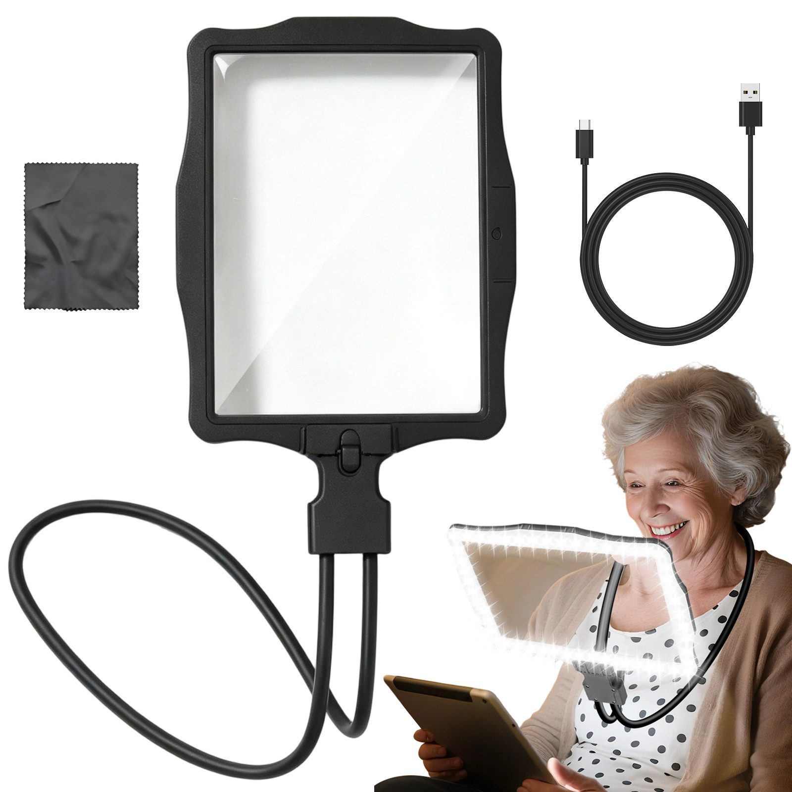 AKKEE Umhängelupe 10X Wiederaufladbare Lupe mit Licht Hängenden Hals Standlupe, für Senioren Groß, Flexible Schwanenhalslupe zum Lesen, Reparieren