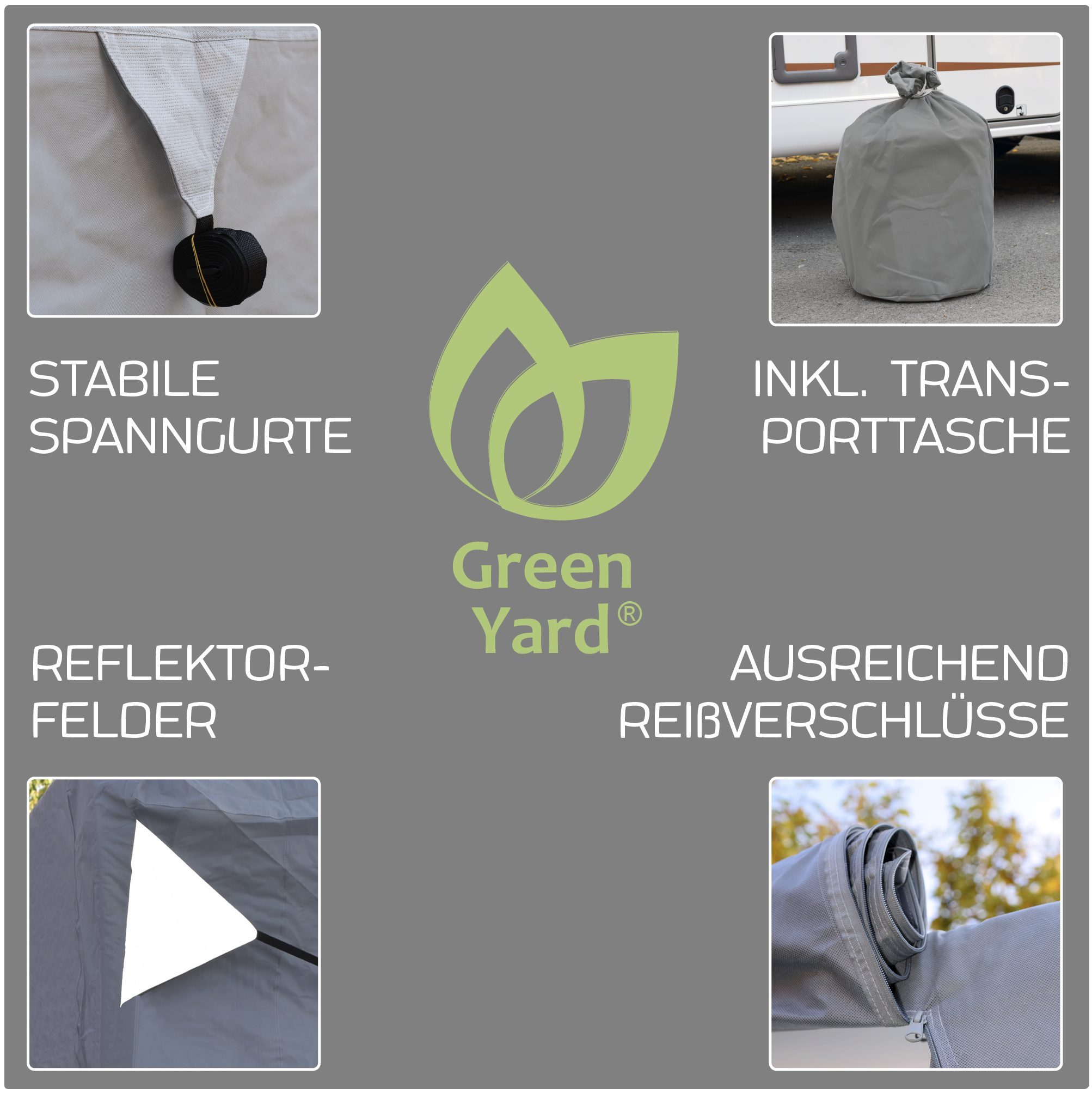 Green Yard Wohnmobilschutzhülle Abdeckplane Wohnmobil Schutzhülle XL 870 x 235 x 275 cm (1 Stück, inkl. Tragetasche), mit Reflektoren