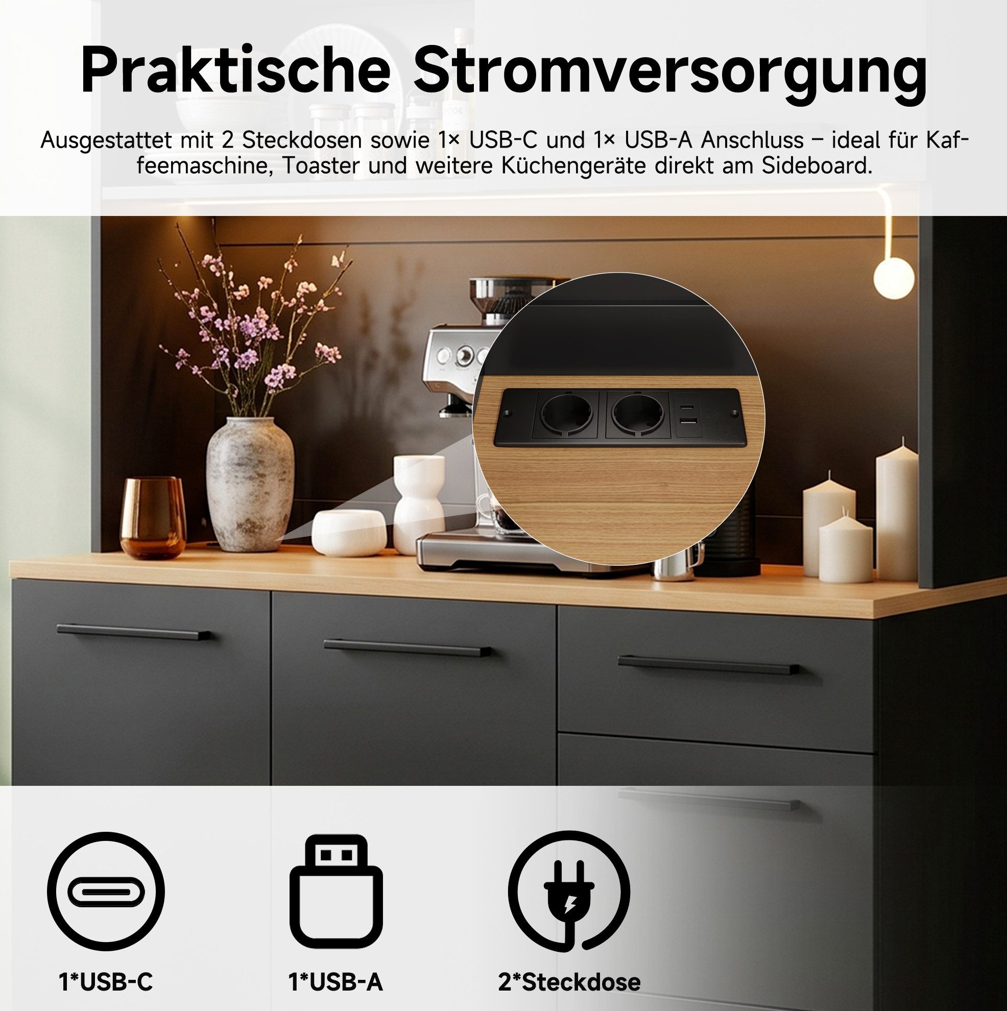 REDOM Küchenbuffet Moderner Stauraumschrank mit farbigem LED-Lichtstreifen (Packung, 1-St., Schwarz, 120×40×180 cm, für Küche & Esszimmer) integrierte Steckdose, USB-A/C, elegantes Design