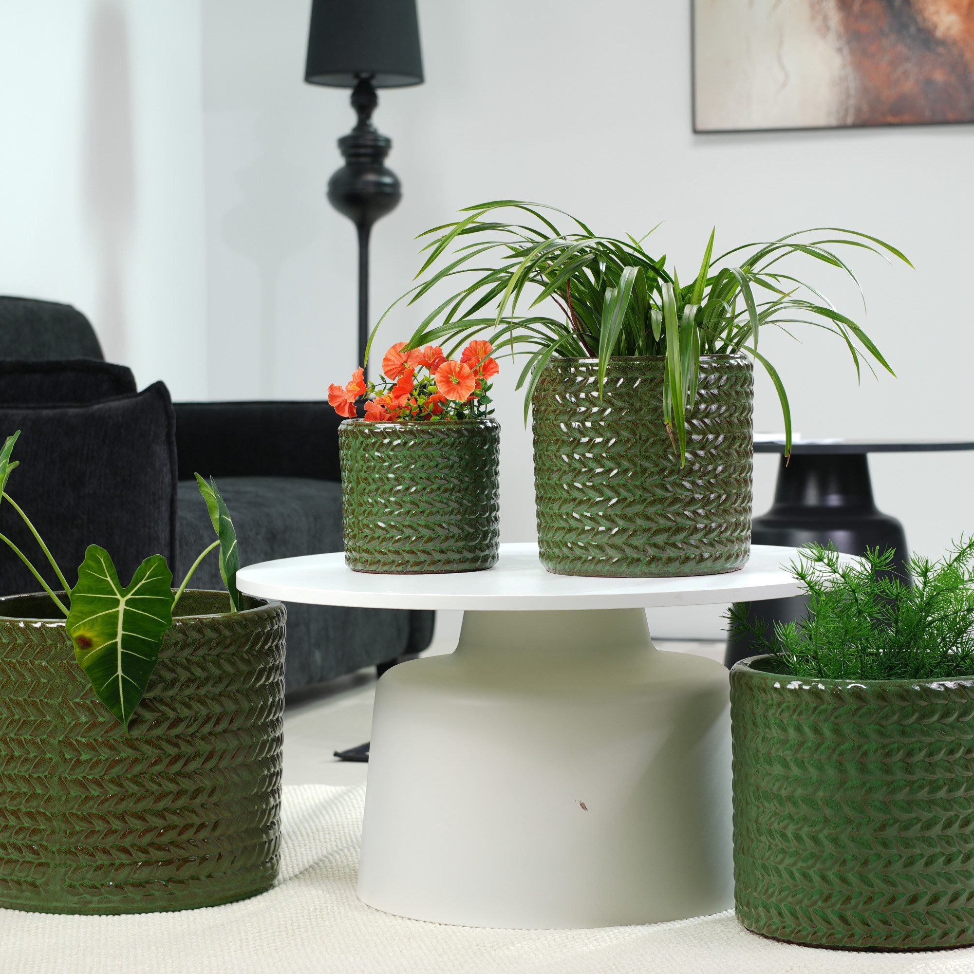 Odikalo Blumentopf Handgefertigter Keramik Pflanztopf-Set mit rundem Fischgrät-Relief (mit Ablauflöchern für Innen, Ø37/31/24,5/17,5 cm atmungsaktiv, frostsicher, glänzendesBalkon und Garten)