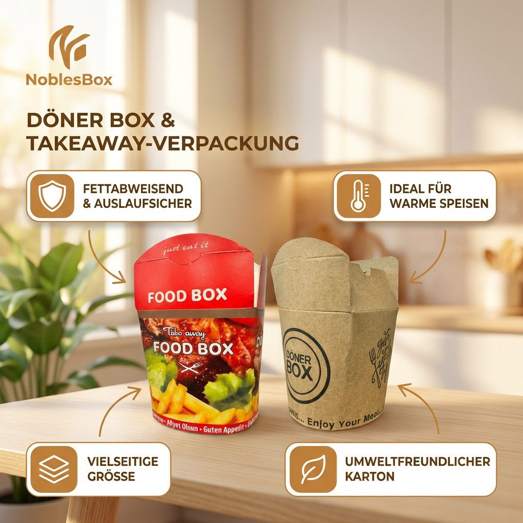 NoblesBox Lunchbox Döner Box - Kebab Nudelbox - Einweg Takeaway Schachtel aus Pappe, (50-tlg), Fettabweisend & Stabil, Faltbox, Pappbox, Asiabox