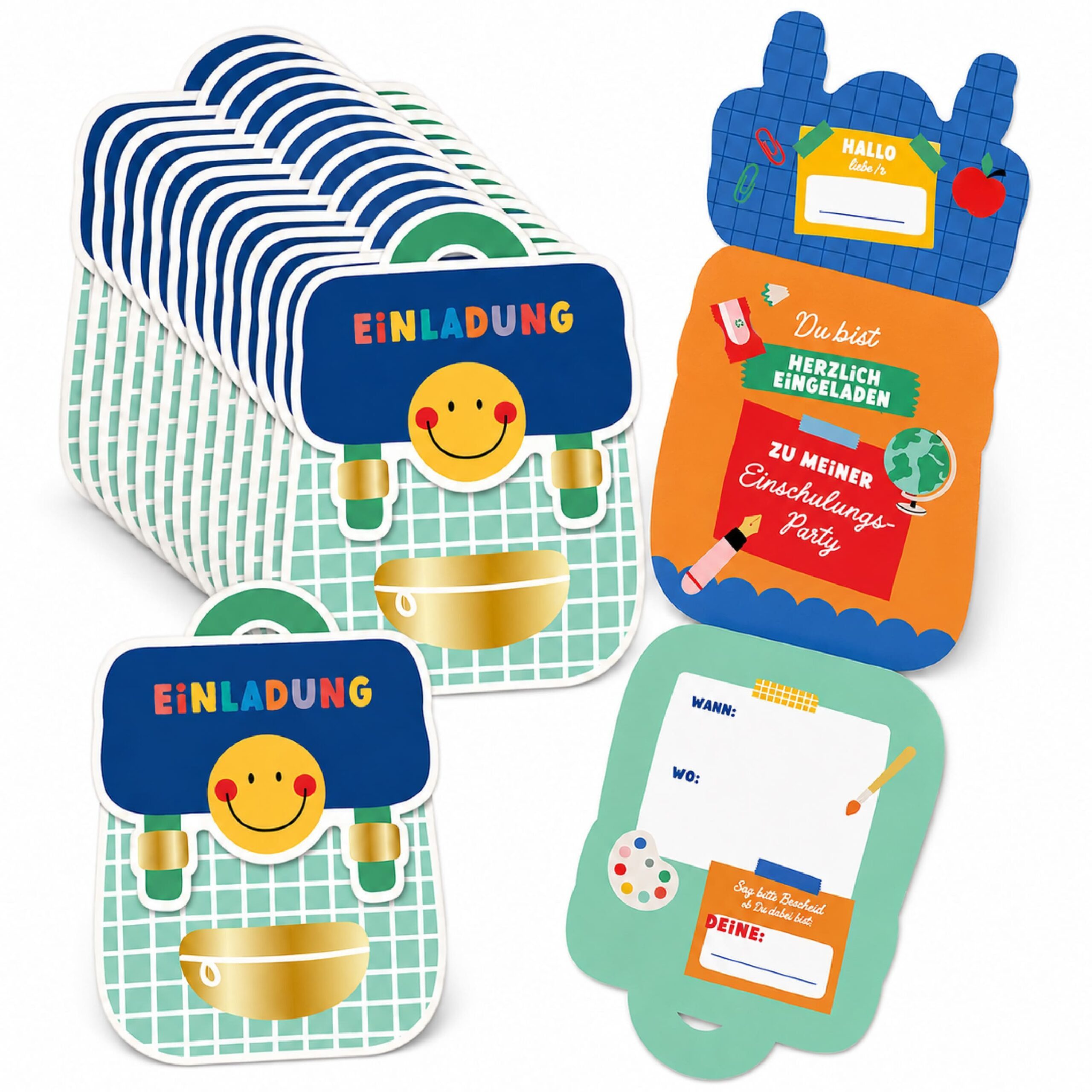 PAPIERDRACHEN Einladungskarten Einladungen zur Einschulung - Schulranzen mint-blau, Made in Germany