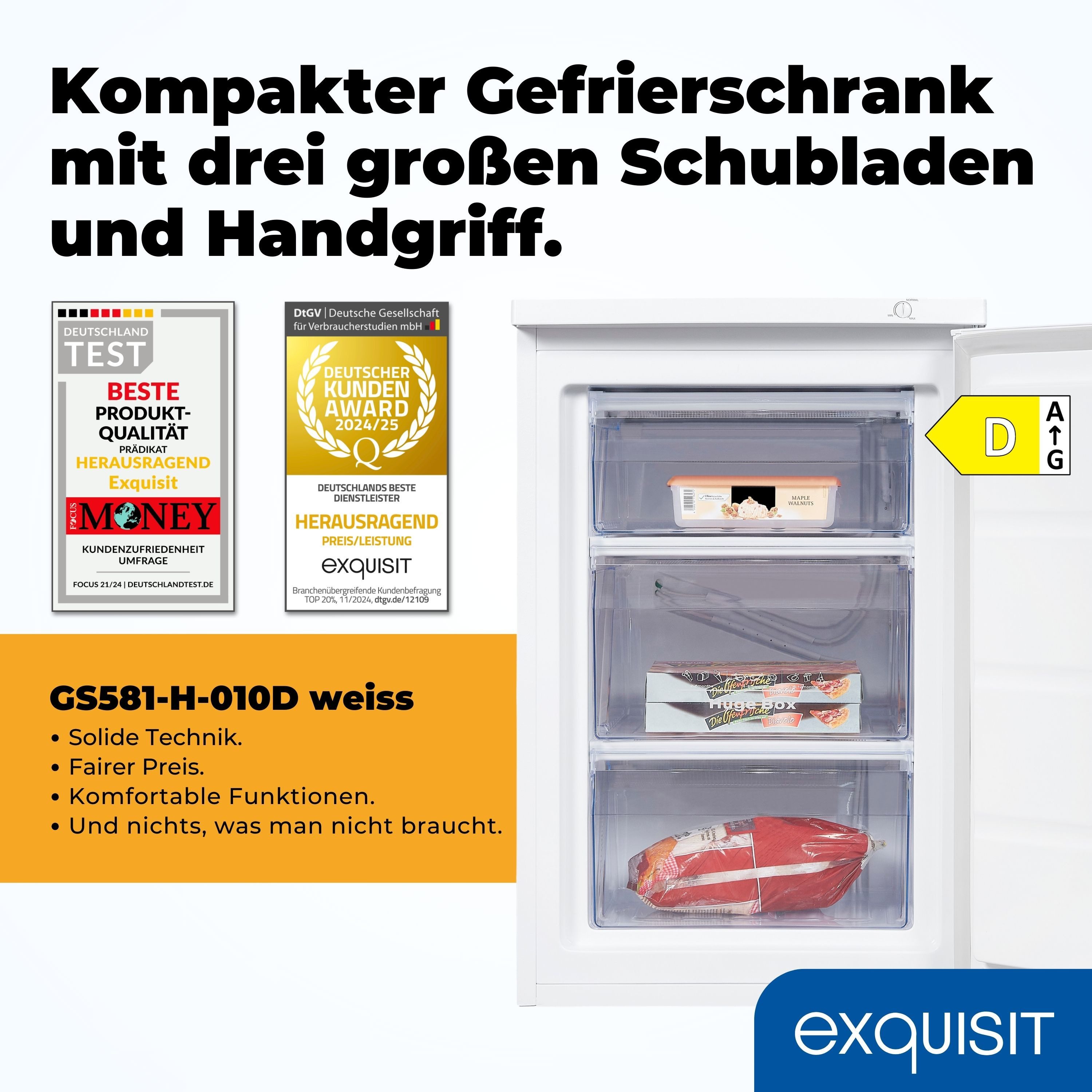 exquisit Gefrierschrank GS5231-NF-H-040D, 143 cm hoch, 54 cm breit, 4*-Gefrieren, No-Frost, Alarm, Schnellgefrieren