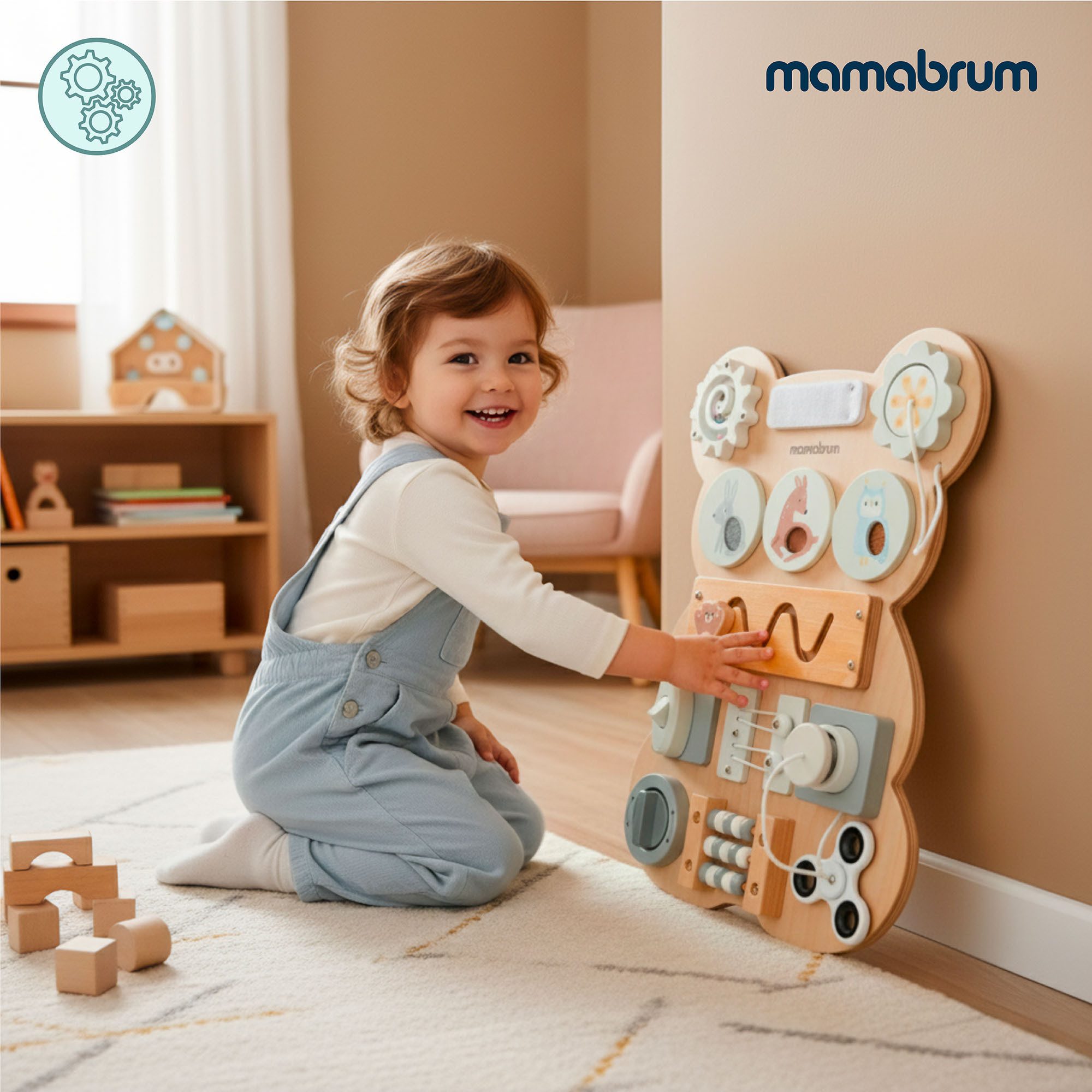 Mamabrum Lernspielzeug Montessori Busy Board Holz Teddy – Motorik & Sensorik