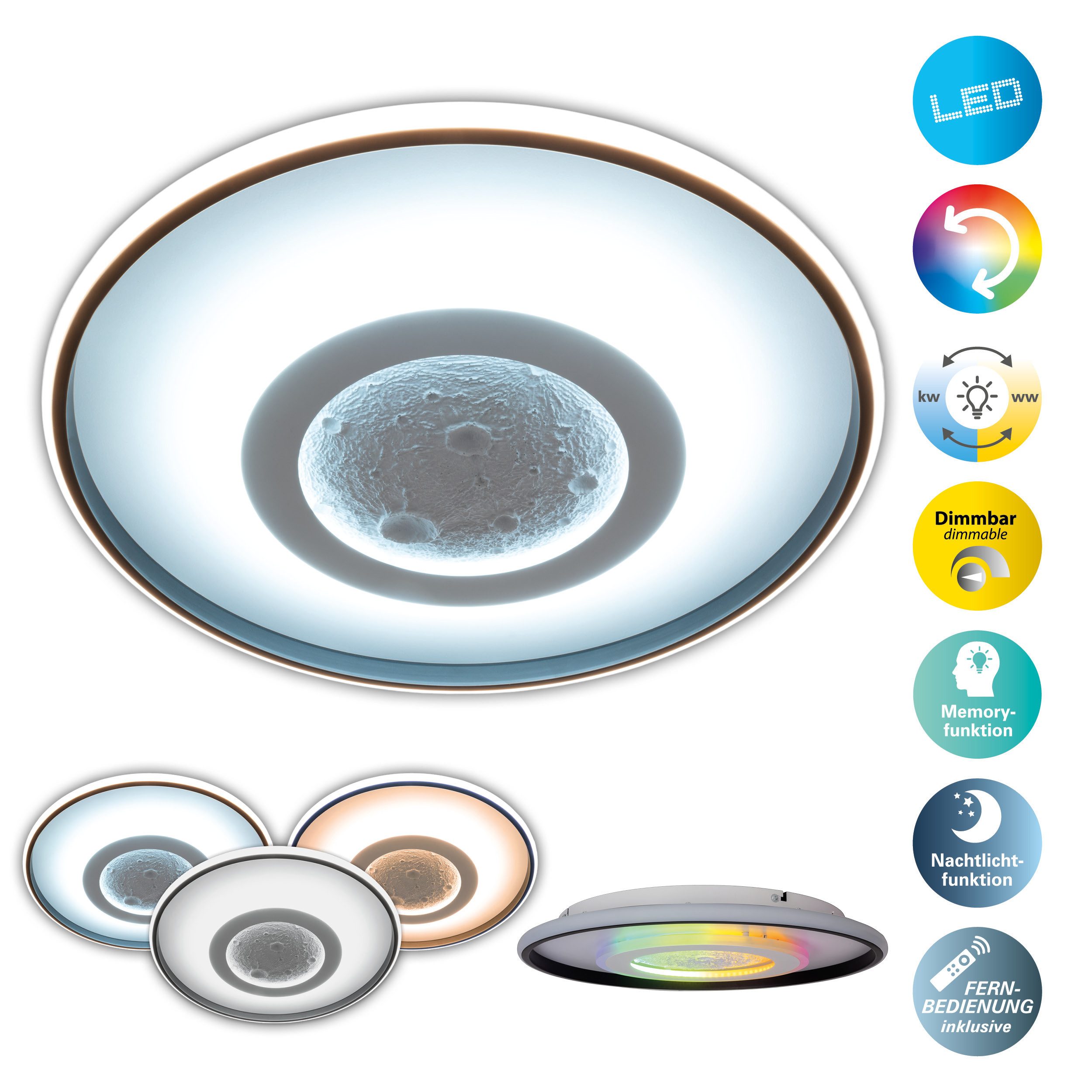 näve LED Deckenleuchte Livana, CCT - über Fernbedienung, Dimmfunktion, Farbwechsel, Fernbedienung, Infrarot inkl., Memoryfunktion, Nachtlichtfunktion, dimmbar über Fernbedienung, mehrere Helligkeitsstufen, Leuchtmittel wechselbar, warmweiß - kaltweiß, Dimmbar per IR-Fernbedienung, CCT, Memory, Nachlicht, Ø: 70 cm