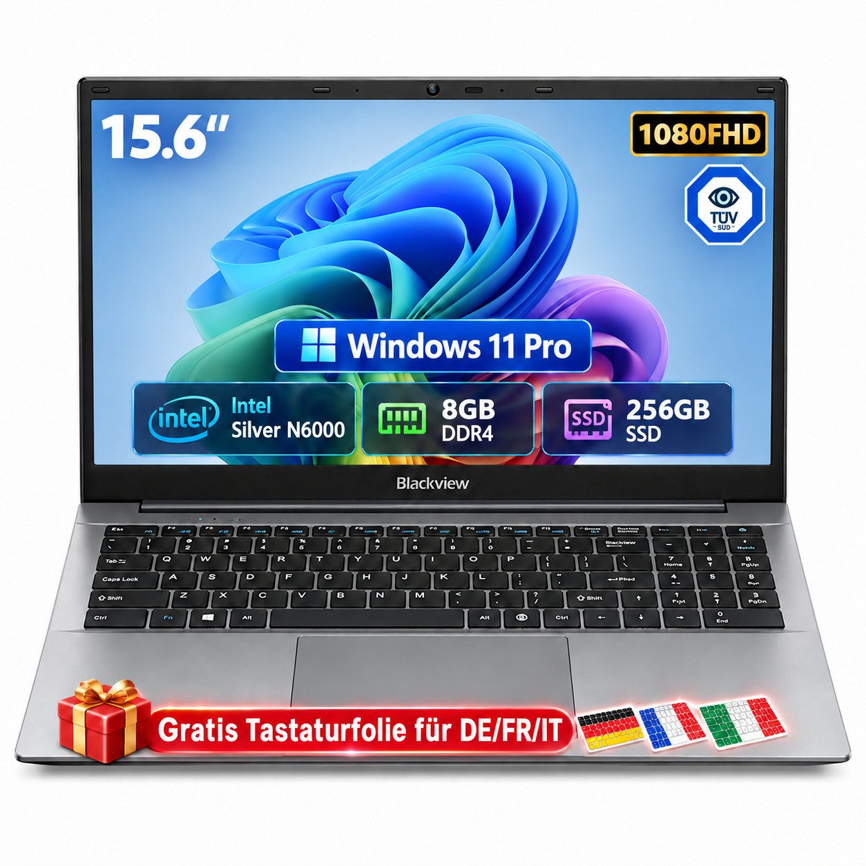 blackview 2026 15.6" FHD IPS Acebook 5 Intel 16GB+512GB Windows 11 Pro Notebook (39,62 cm/15.6 Zoll, Intel N6000 Intel Pentium Silver N6000, Intel UHD Graphics, 8 GB, 256 GB SSD, Windows 11 Pro, FHD+ IPS, Silikon-Tastaturschutz, (deutsche Folie)