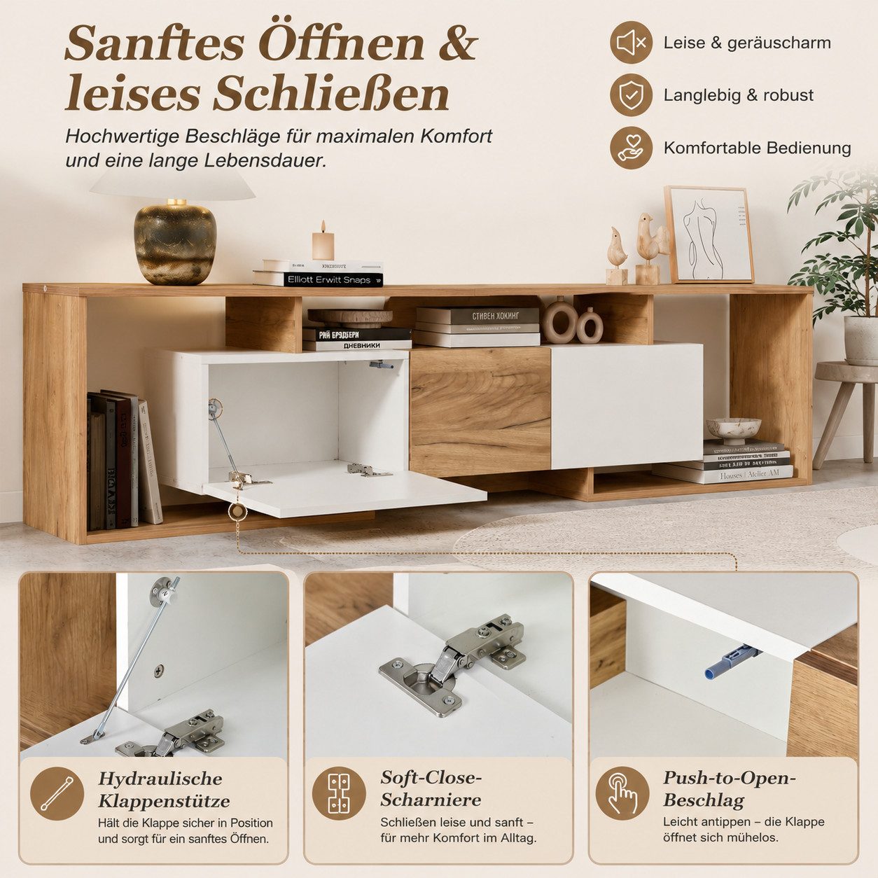 Yorbay Lowboard Lowboard Durchbrochenes Design TV Schrank, für TVs bis 85 Zoll, Holz Fernsehschrank mit 2 Klapptüren, Drehtür, 3 offenen Fächern