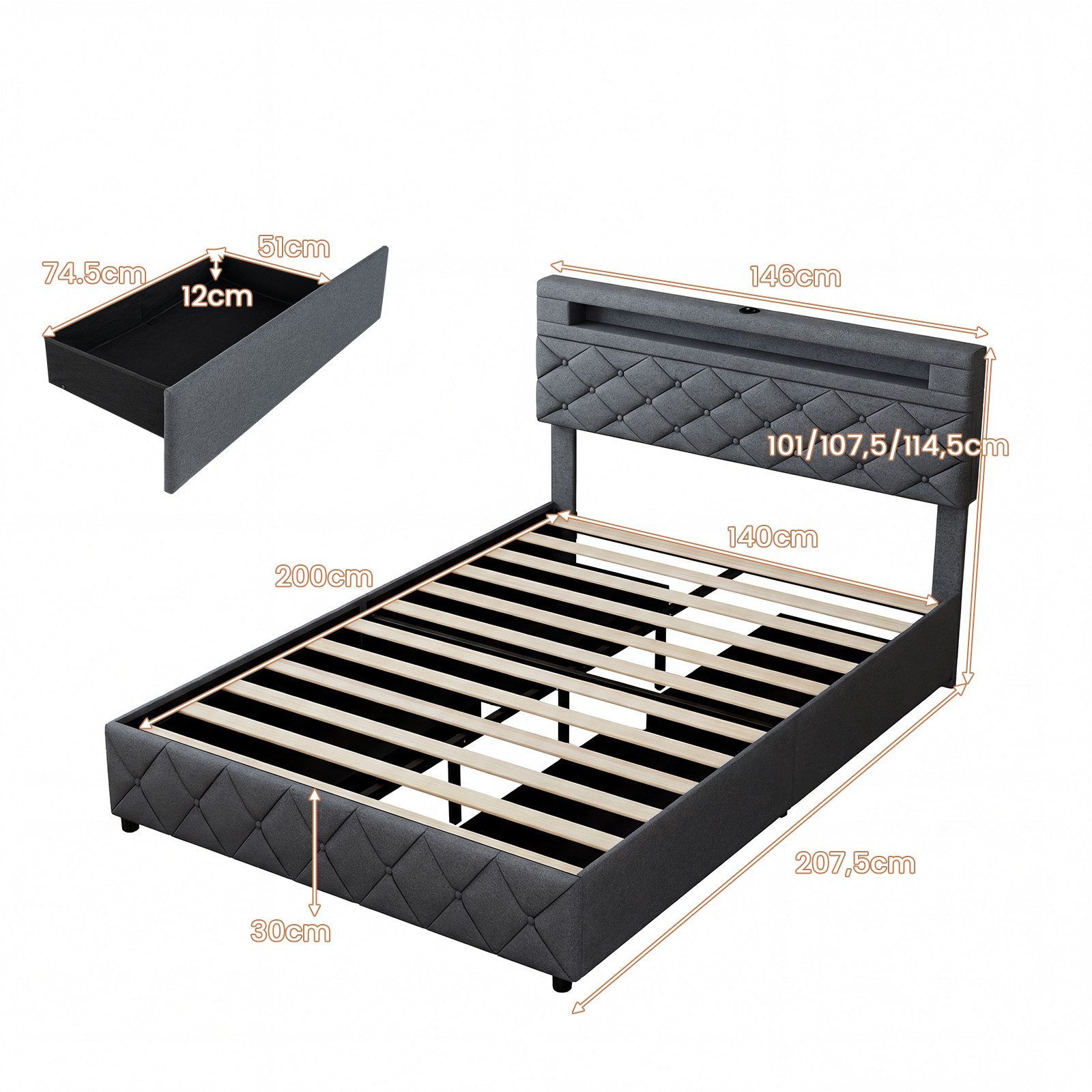 COSTWAY Polsterbett (1-tlg), Doppelbettgestell, mit LED, Ladestation, Schubladen, 140x200cm