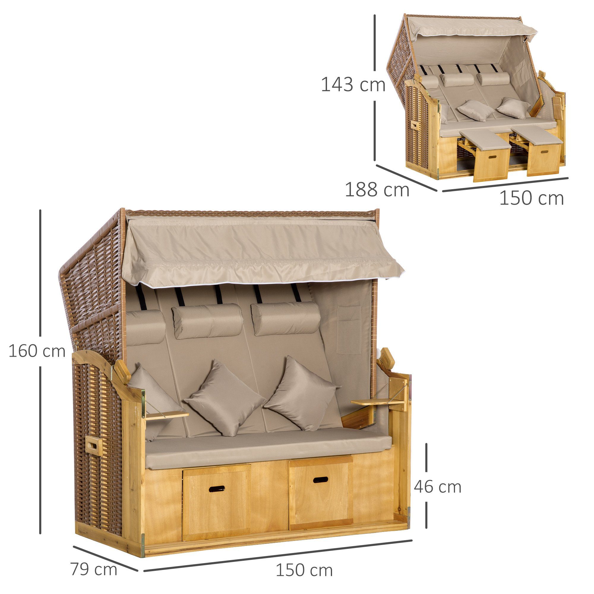 Outsunny Strandkorb Mit Dach 2 Klapptischen Fußstütze Chaiselongue, BxTxH: 150x79x160 cm, Halblieger, 867-107, (Relaxliege, 1-tlg., Sonnenliege), Polyrattan Natur