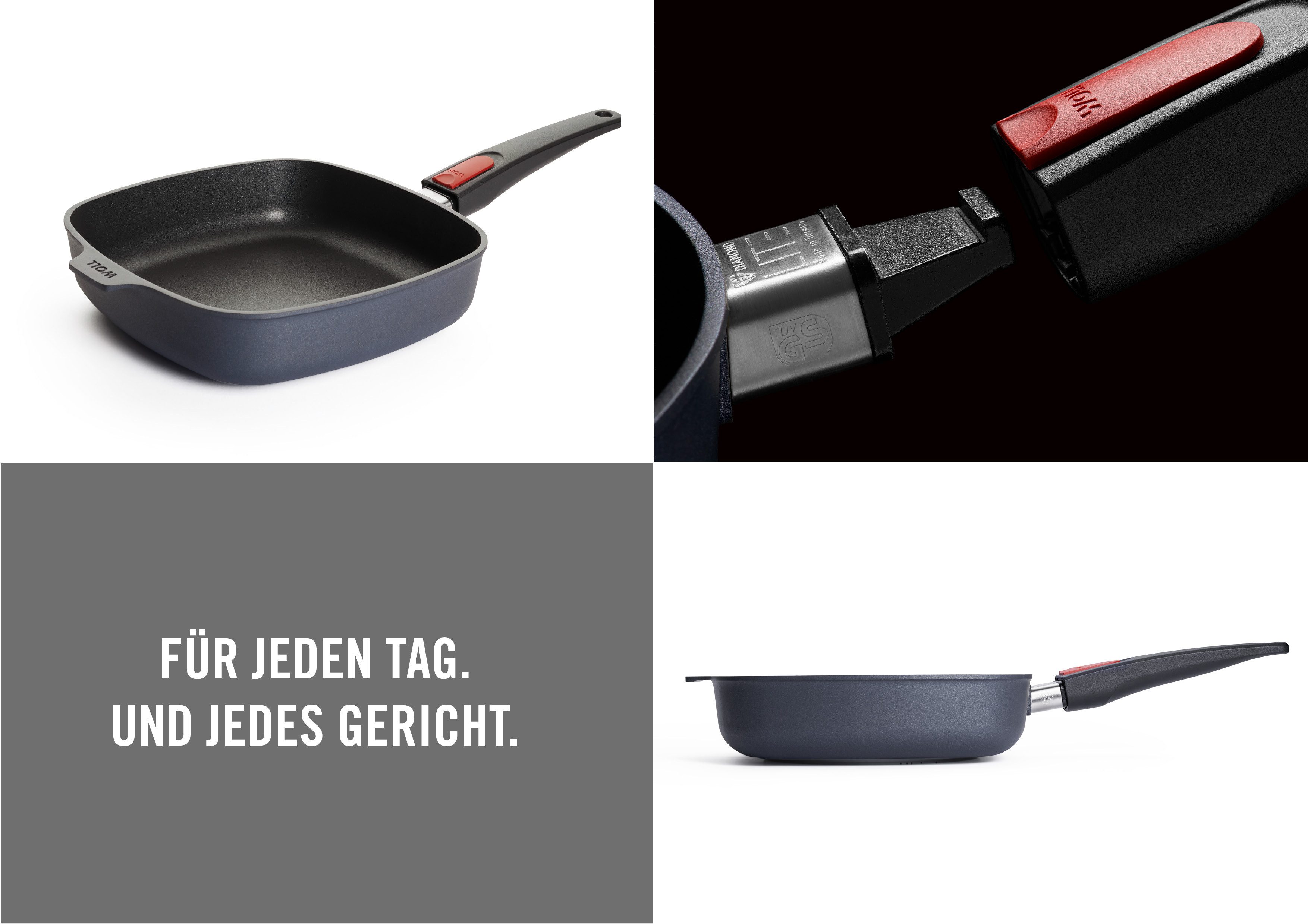 WOLL MADE IN GERMANY Pfannen-Set Diamond Lite mit Deckel, Aluminiumguss (Set, 4-tlg), Abnehmbarer Stiel, Antihaftbeschichtet