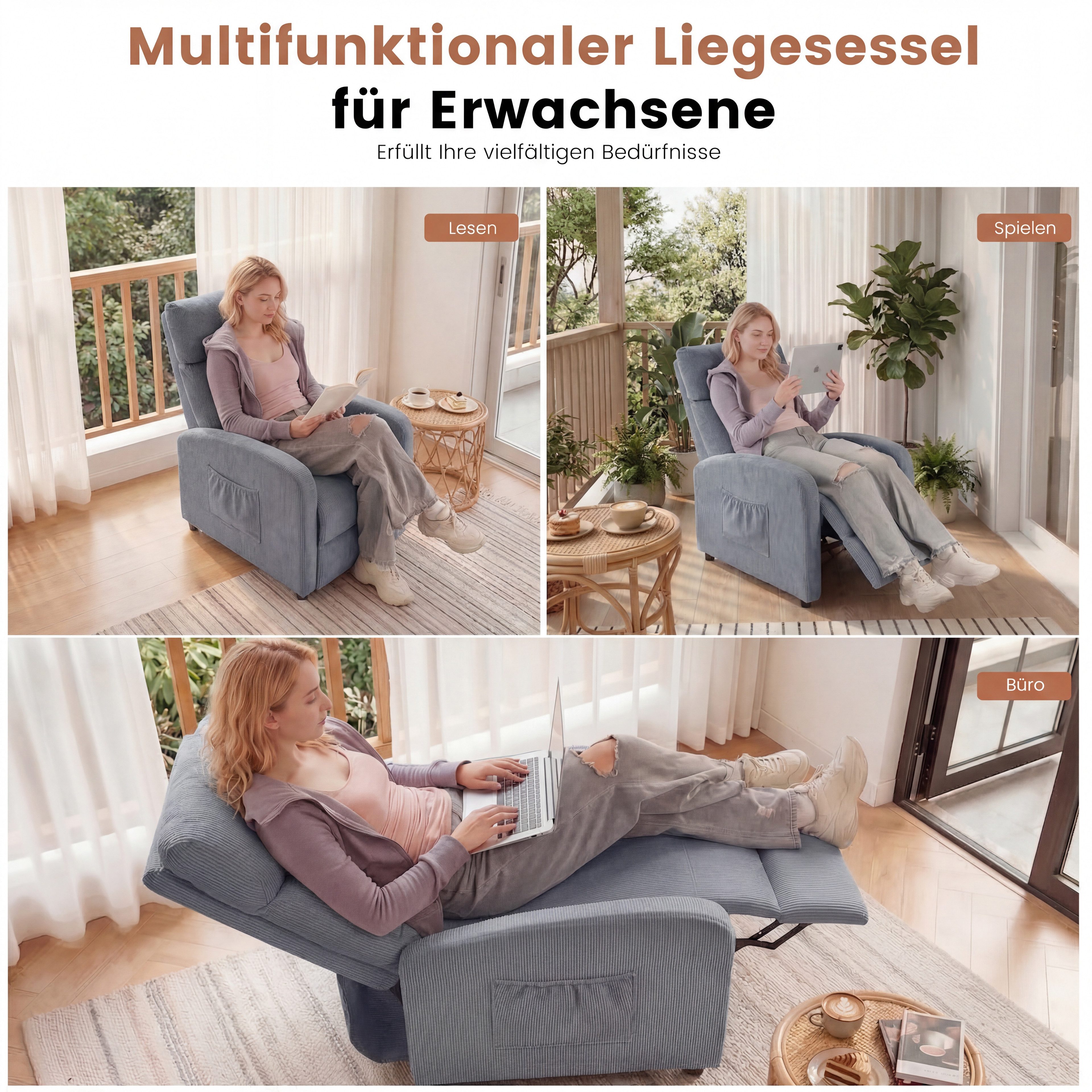 oyajia Relaxsessel Ergonomischer Liegesessel mit Relaxfunktion (verstellbare Rückenlehne & Seitentasche für mehr Funktion, Cordstoff), Fernsehsessel, bis 150 kg – Bild 5 von 5