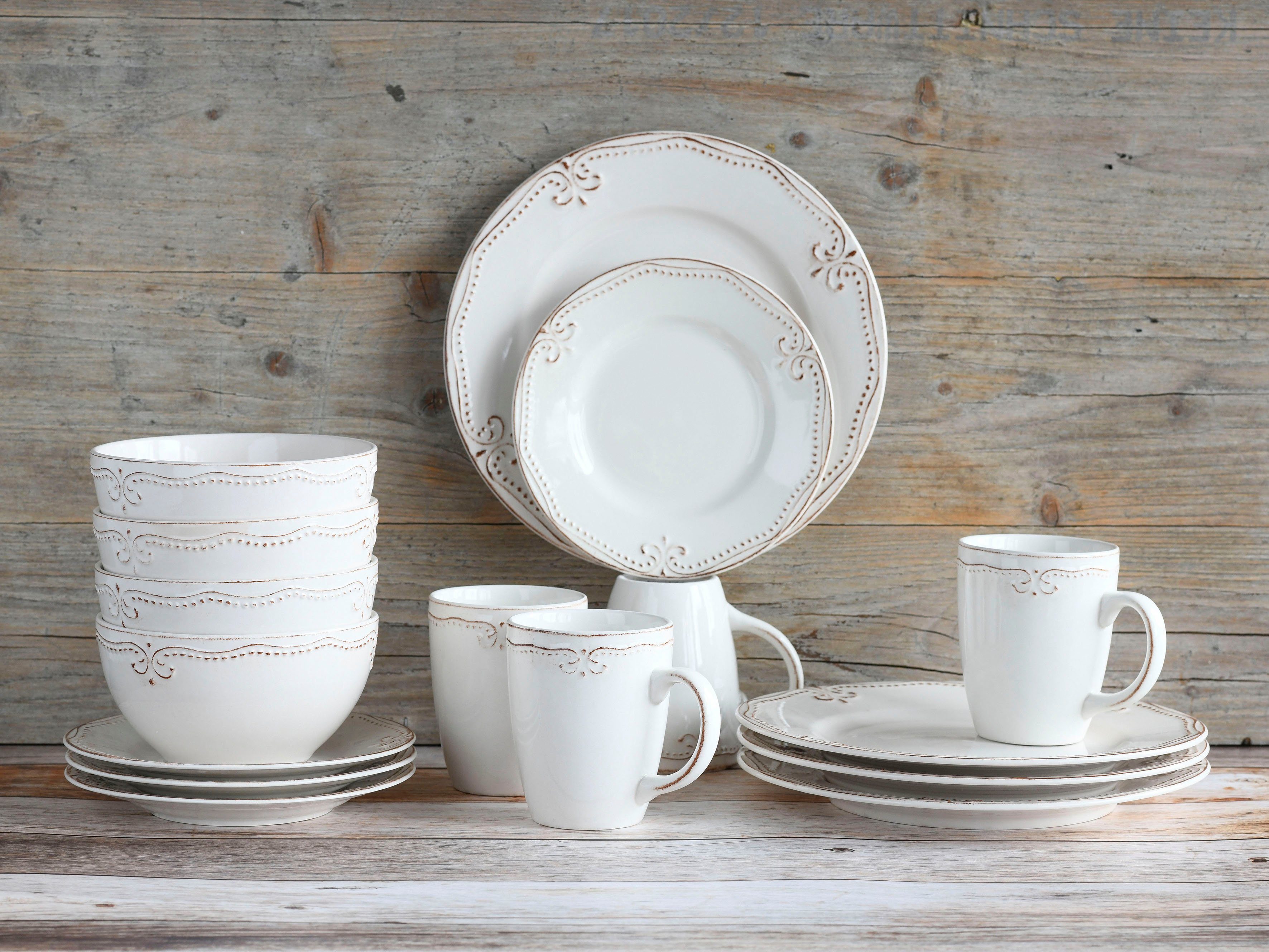 CreaTable Kombiservice Geschirr-Set, Service Romantic Vintage (16-tlg), 4 Personen, Steinzeug, mit tranditionellem Perlenrelief, Used Look, 16 Teile, für 4 Personen