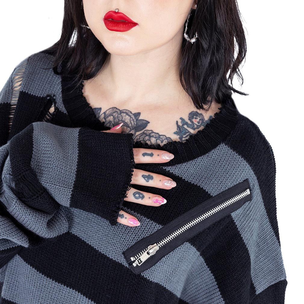 Heartless Strickpullover Your Worst Nightmare Schwarz-Grau Punk Gestreift