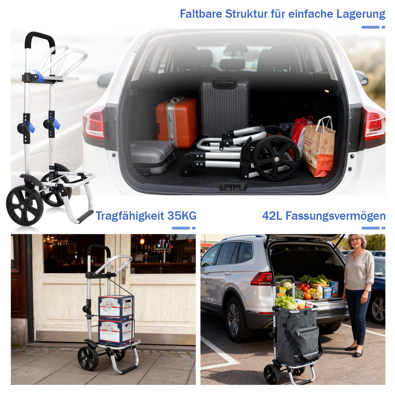 Sekey Einkaufstrolley 3-in-1 mit Kühlfach und Spanngurt, Faltbarer Einkaufswagen 42L & 35kg, 3-in-1 Trolley, Sackkarre & Umhängetasche, Ideal für Einkäufe