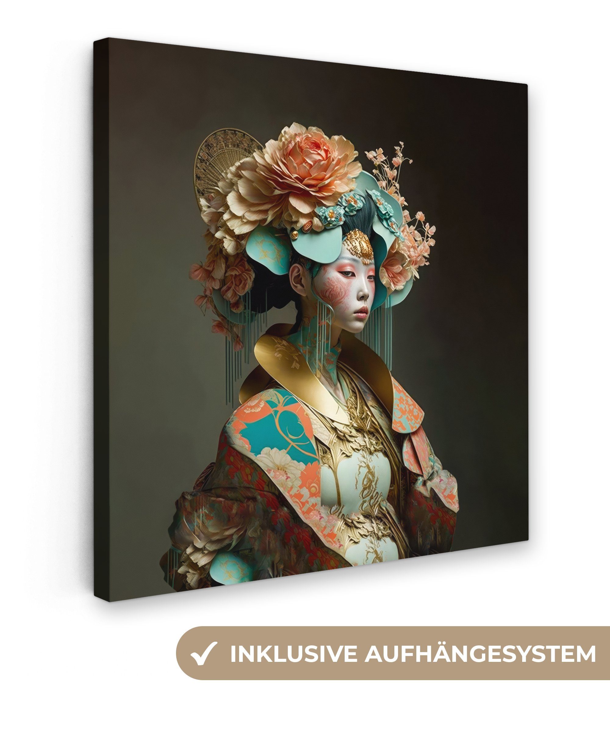 OneMillionCanvasses® Leinwandbild Frau - Blumen - Orange - Porträt - Asiatisch, Fotodruck (1 St), Wandbild, Deko Schlafzimmer Wohnzimmer Flur 20x20 cm