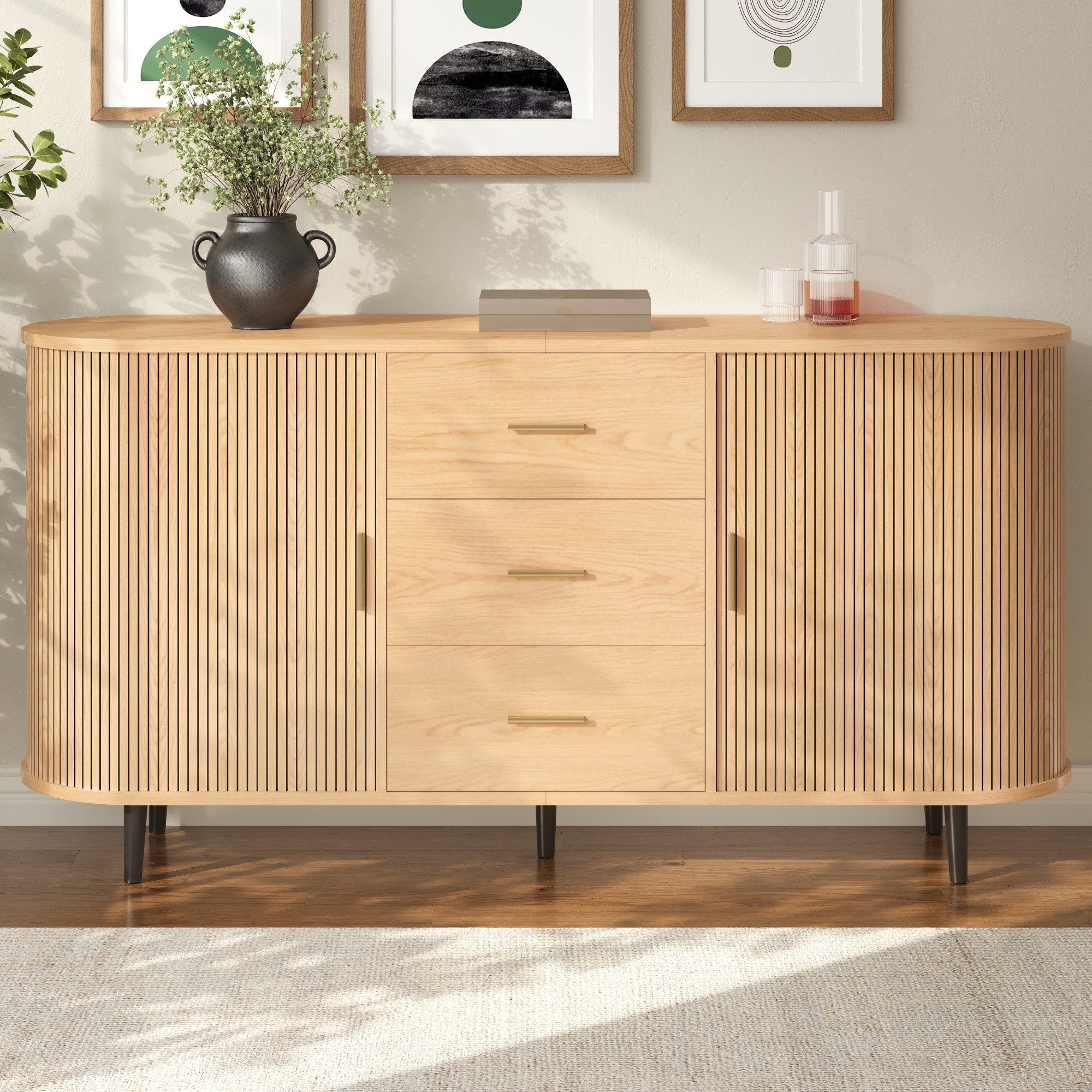 Merax Sideboard mit 2 Schiebetüren, 3 Schubladen & Metallgriffen (Wohnzimmerschrank Aufbewahrungsschrank Buffet, 1 St., 160 L x 40 B x 80,5 H cm), Kommode mit vertikaler Rillenstruktur, gebogenem Design,Eisenrohrfüßen