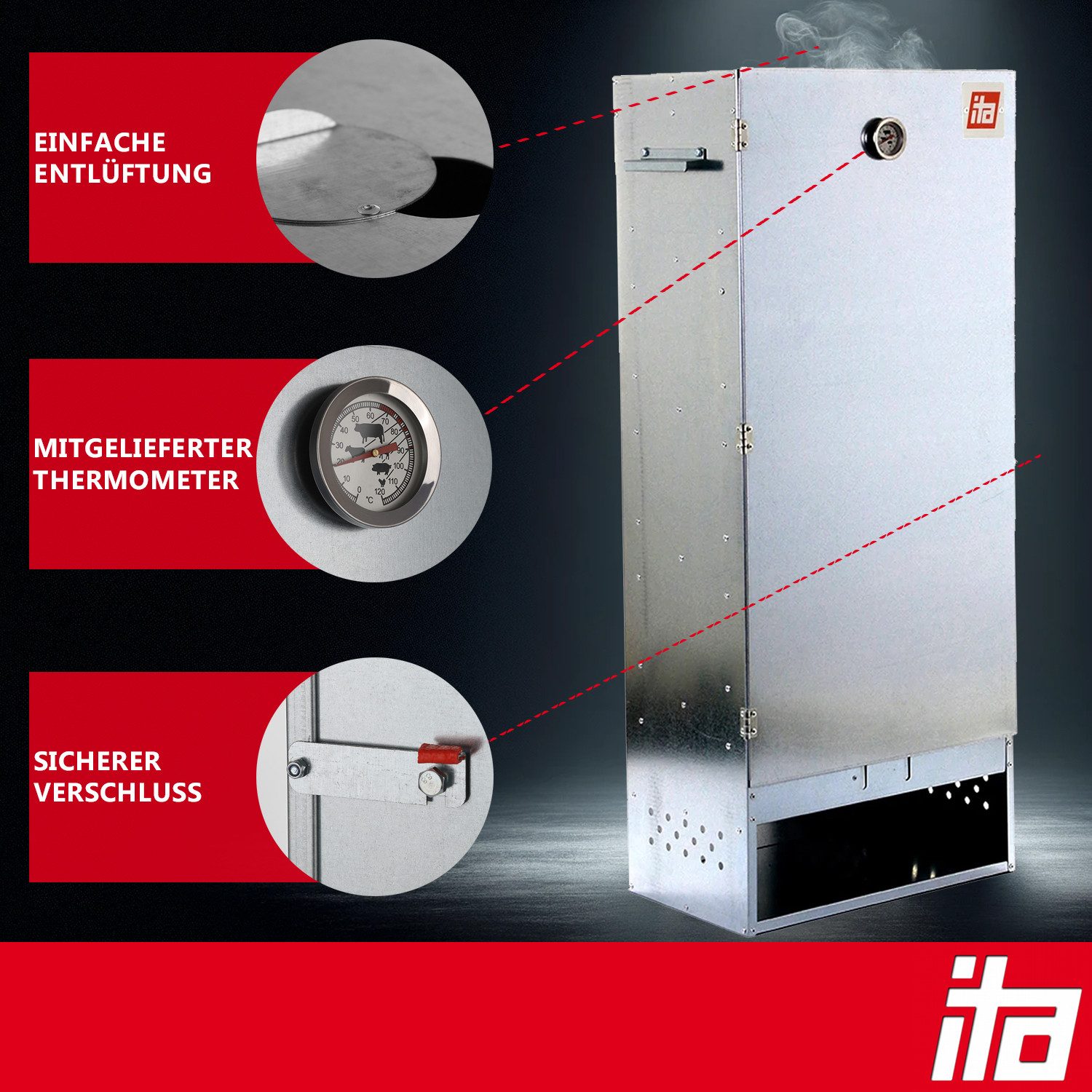 ITA Räucherofen Räucherofen 7004 - Premium XL Räucherschrank aus Edelstahl – 111 cm, 1-St., Qualität Made In EU - Smoker - Direkt vom Hersteller