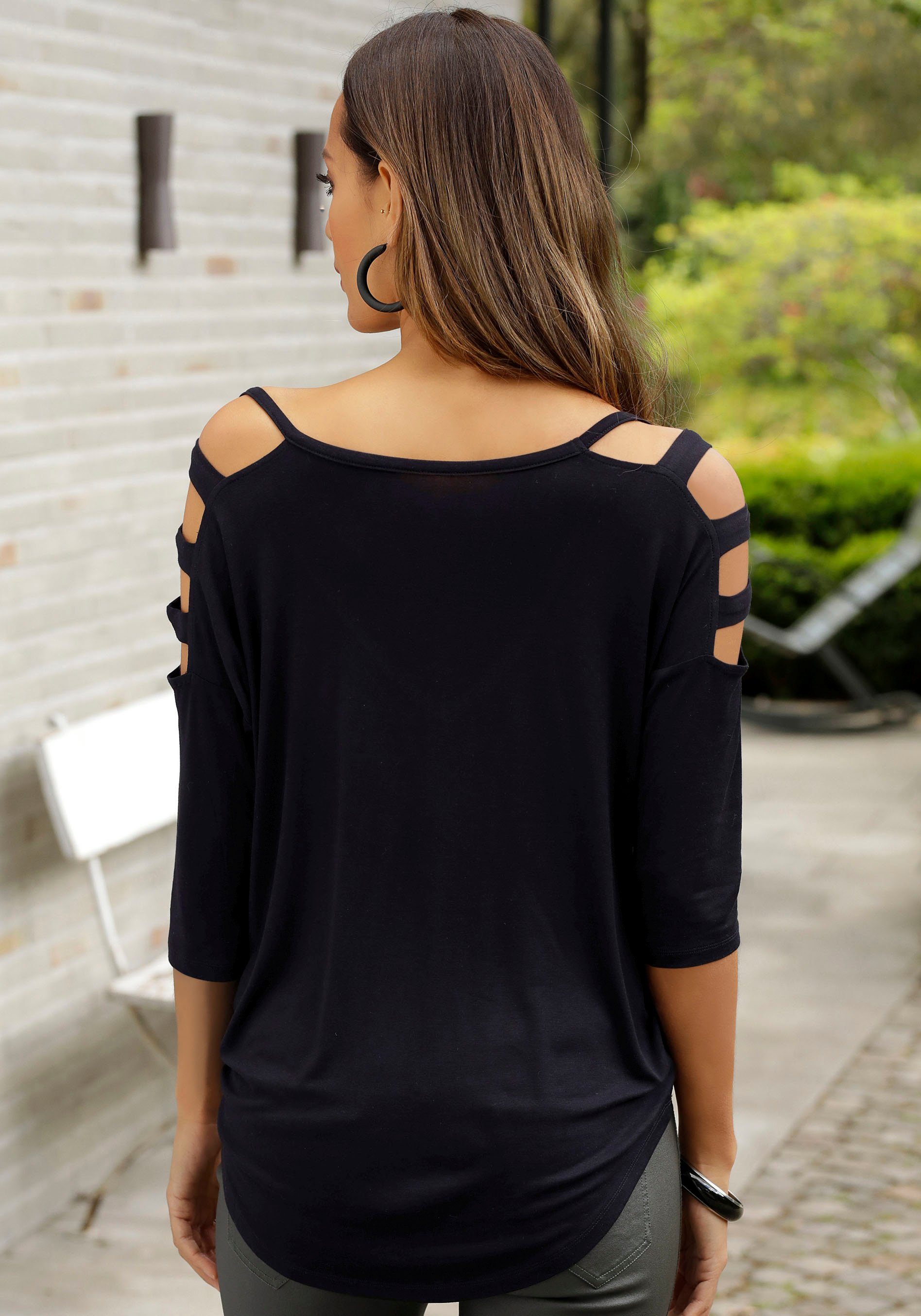 LASCANA 3/4-Arm-Shirt mit Cut-outs, raffiniertes Longsleeve, schulterfrei – Bild 3 von 5