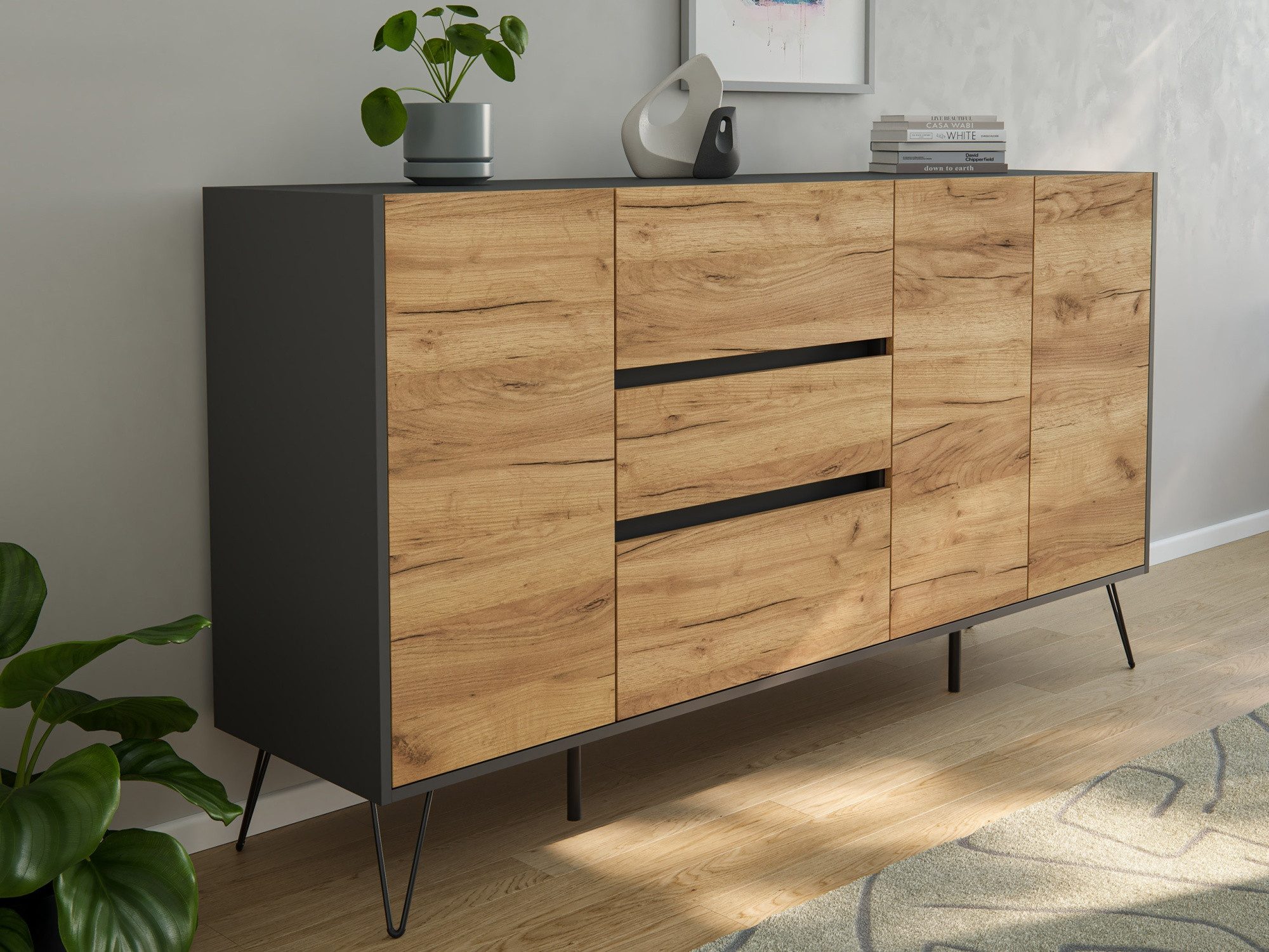 Magnolia Home Kommode Sideboard Yako XL 180cm 3 SoftClose 3 Türen Grafit/Eiche Front
