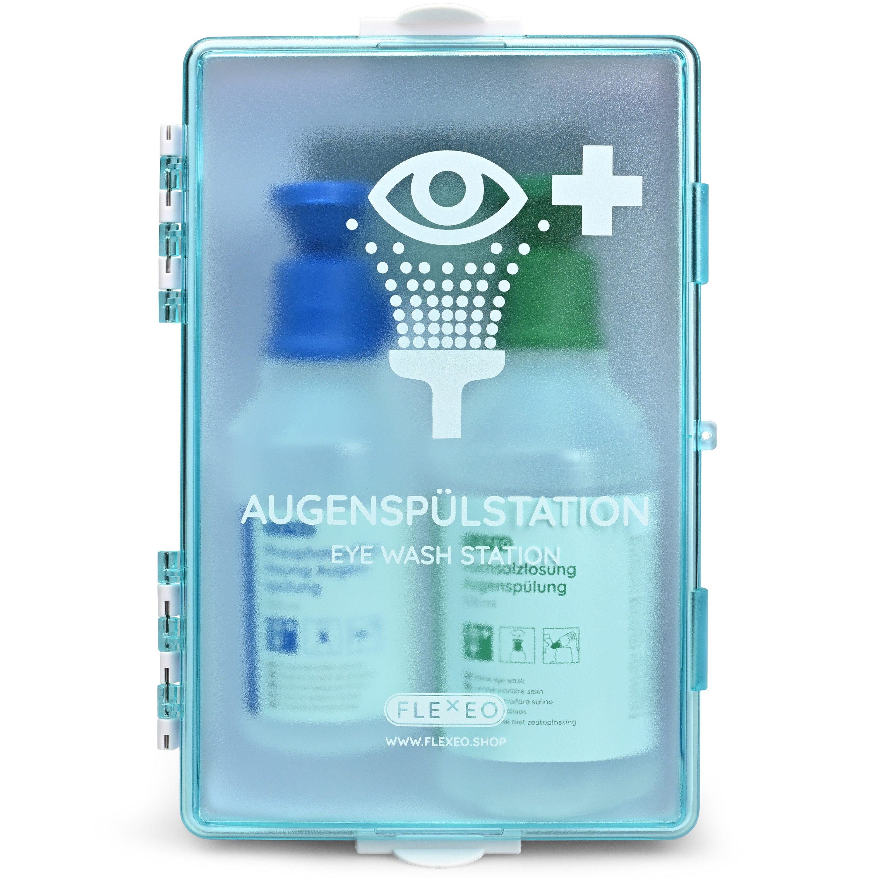FLEXEO Erste-Hilfe-Set Augenspülstation inkl. 500ml NaCl 250ml Phosphatpufferlösung, (1 St), Augenspüllösung mit Wandhalterung