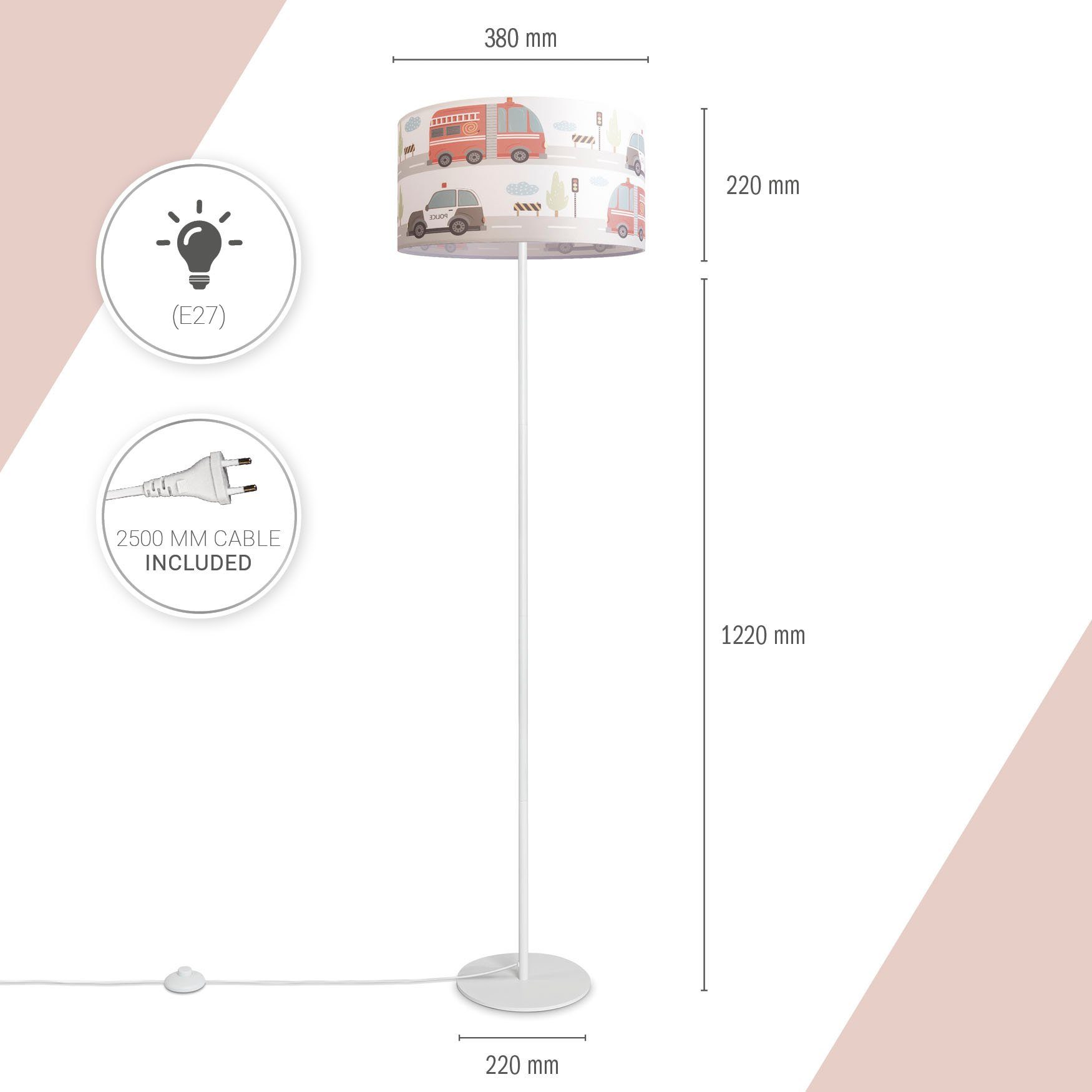 Paco Home Stehlampe Luca Capri, Babyzimmer Lampe Stoff Stehlampe Lampenschirm ohne Leuchtmittel, Kinder Feuerwehr