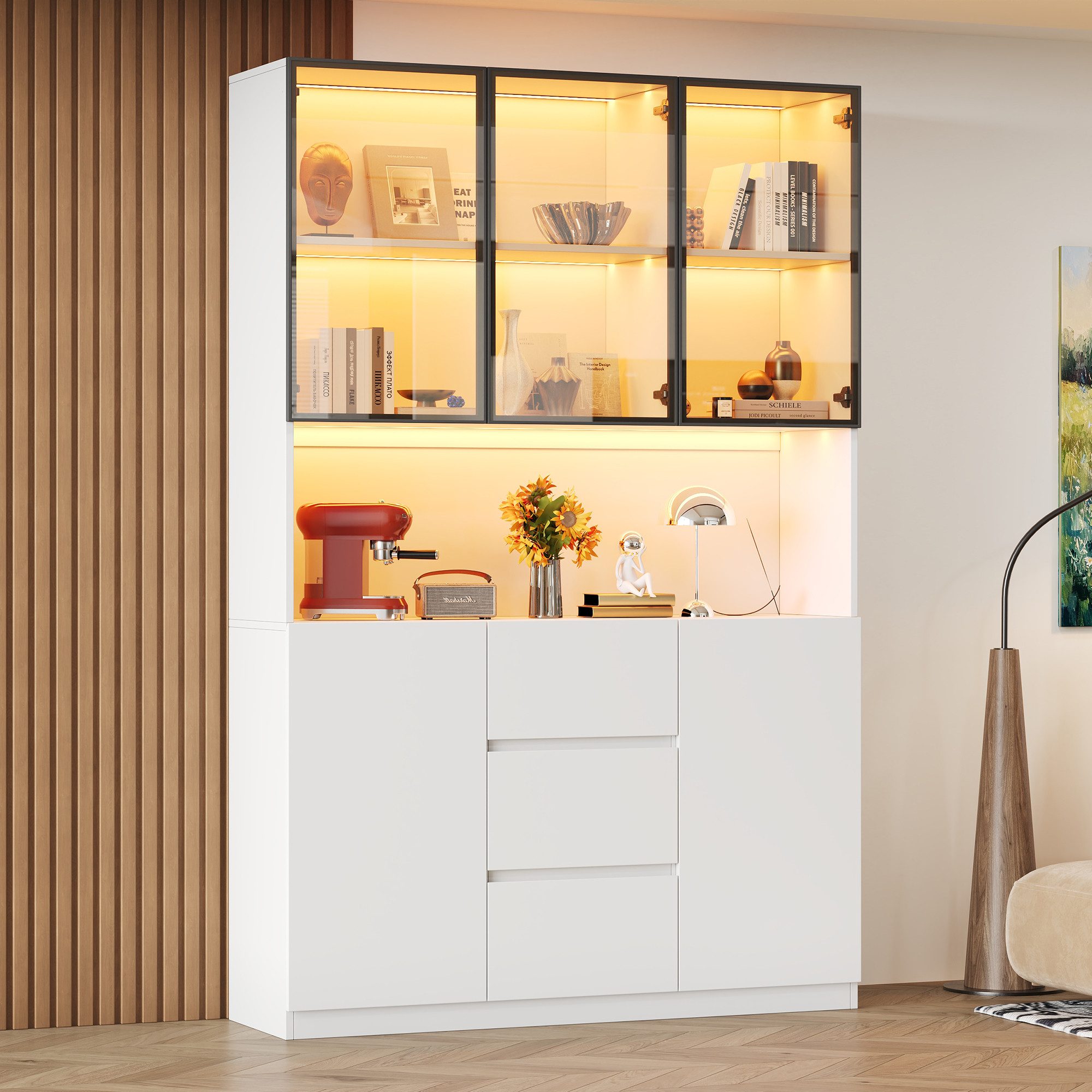 Celya Glasvitrine 120×40×200 cm, mit offenen Regalen undLED-beleuchtete (mit 3 Schubladen und 5 Türen) Ideal für Esszimmer, Wohnzimmer, Küche oder Arbeitszimmer