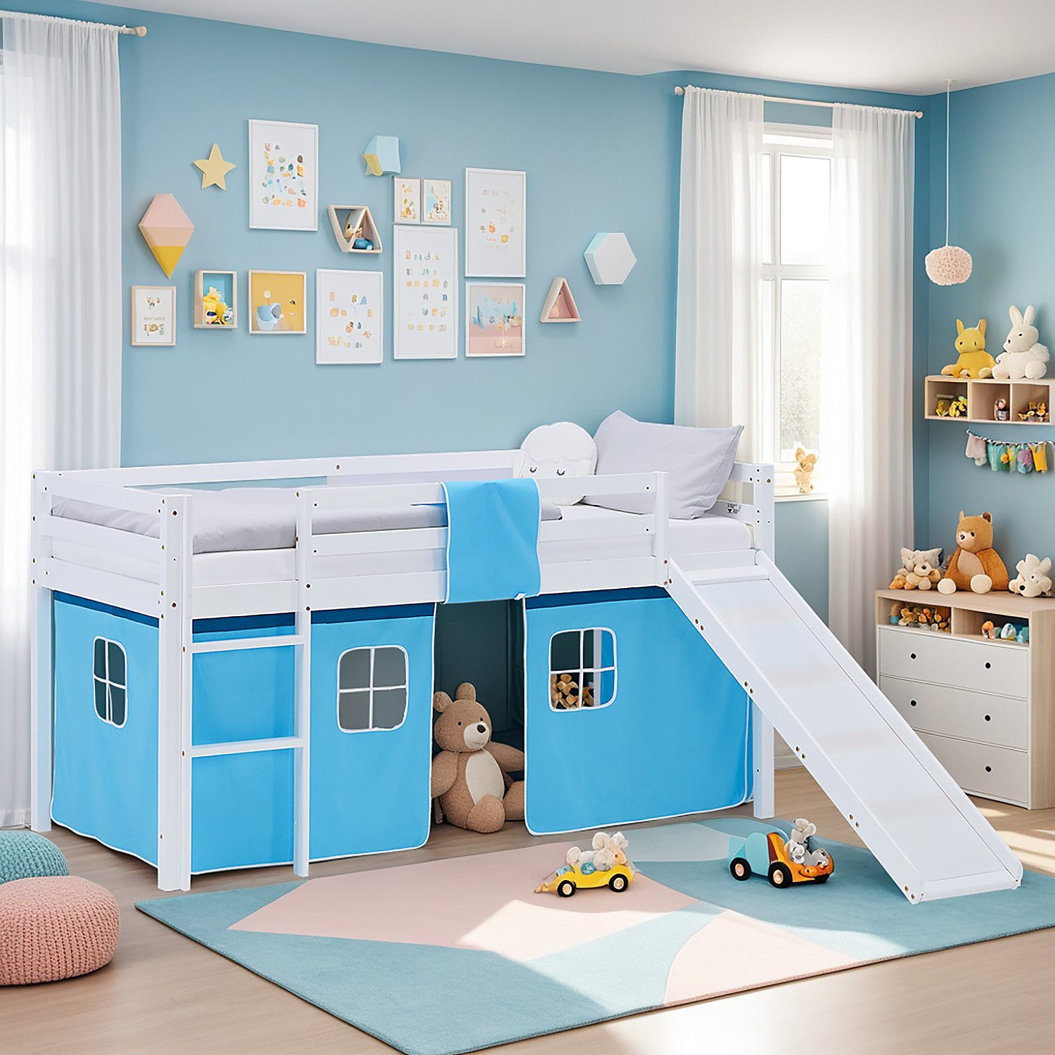 Homestyle4u Hochbett Kinder mit / ohne Rutsche 90x200 Holz Jungen Weiß Blau Vorhang (Spar-Set, mit Lattenrost und Rutsche, Spielbett) mit Rausfallschutz, Junge