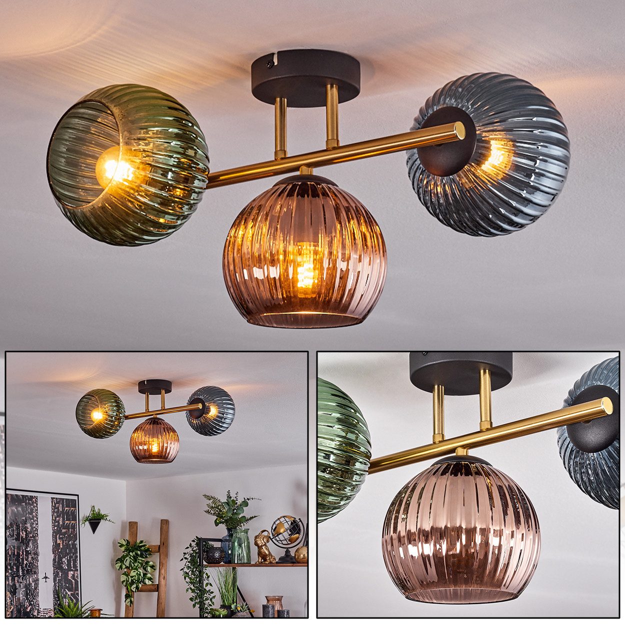 Deckenleuchte Deckenlampe aus Metall/Riffelglas in Schwarz/Gold/Grün/Blau/Kupfer