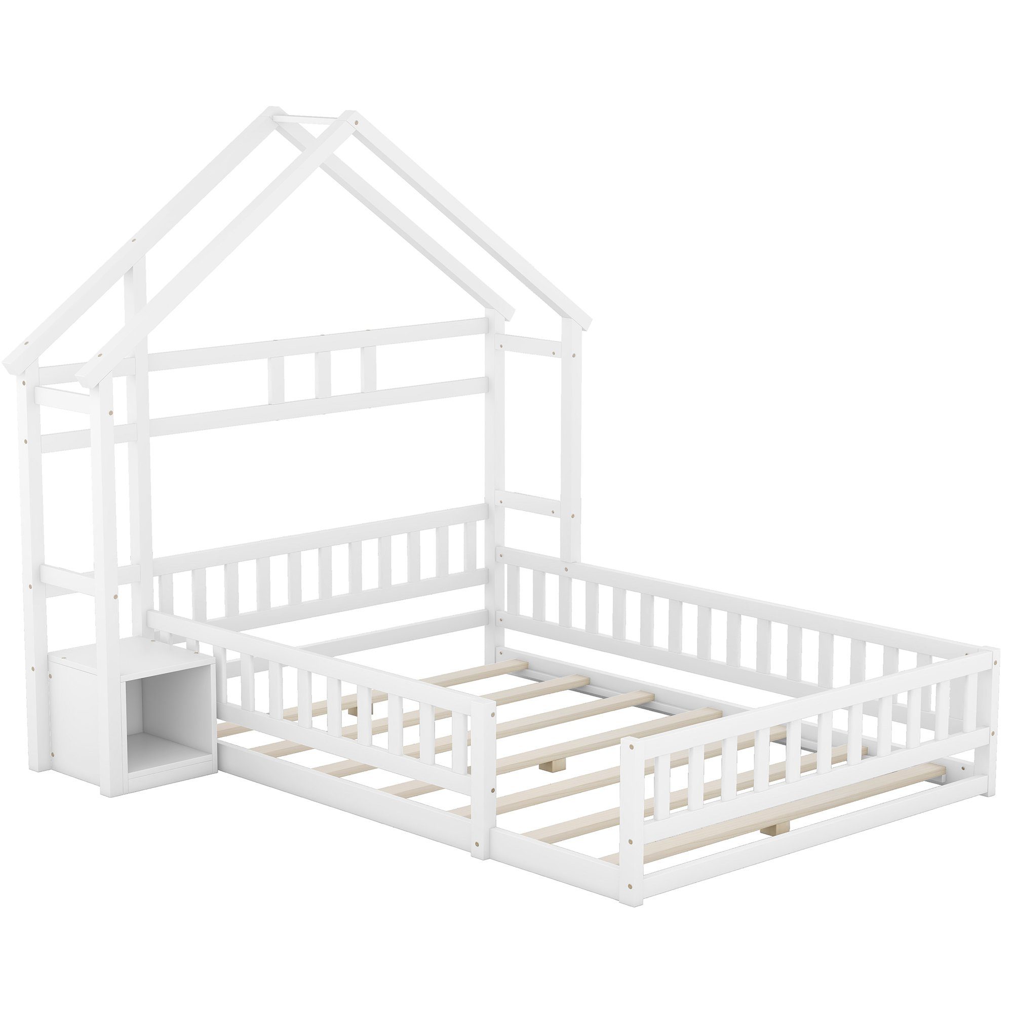 mit 140 200cm, (mit Geländer), Hausbetten Flachbetten, Kinderbett Weiß ohne x Nachttischen Funktionsbett Holzbett Matratze Doppelbett REDOM