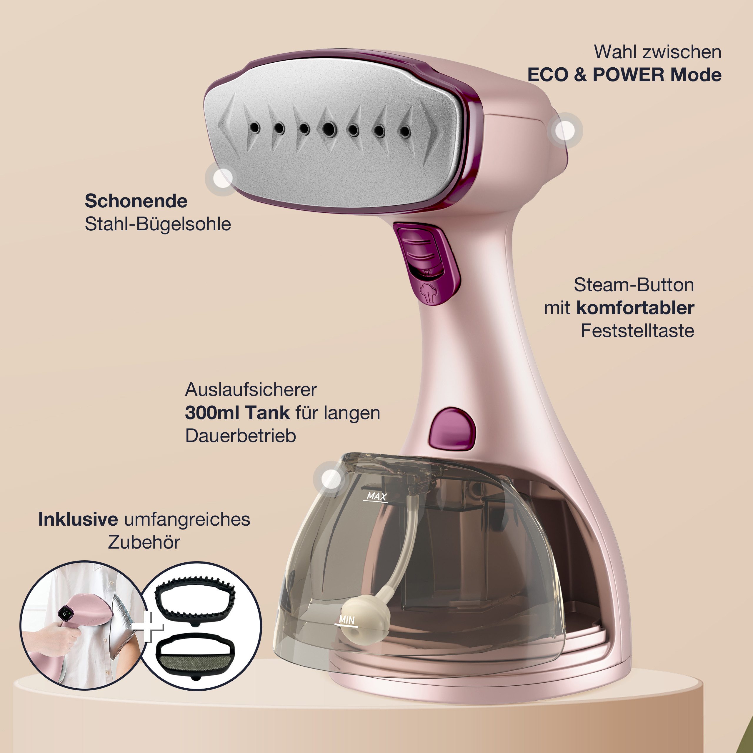 Lebenlang Dampfbügeleisen Steamer Dampfglätter für Kleidung Hand Dampfbürste, 1500,00 W, Inkl. Bügelhandschuh, <30 Sekunden Aufheizen, 300ml Tank