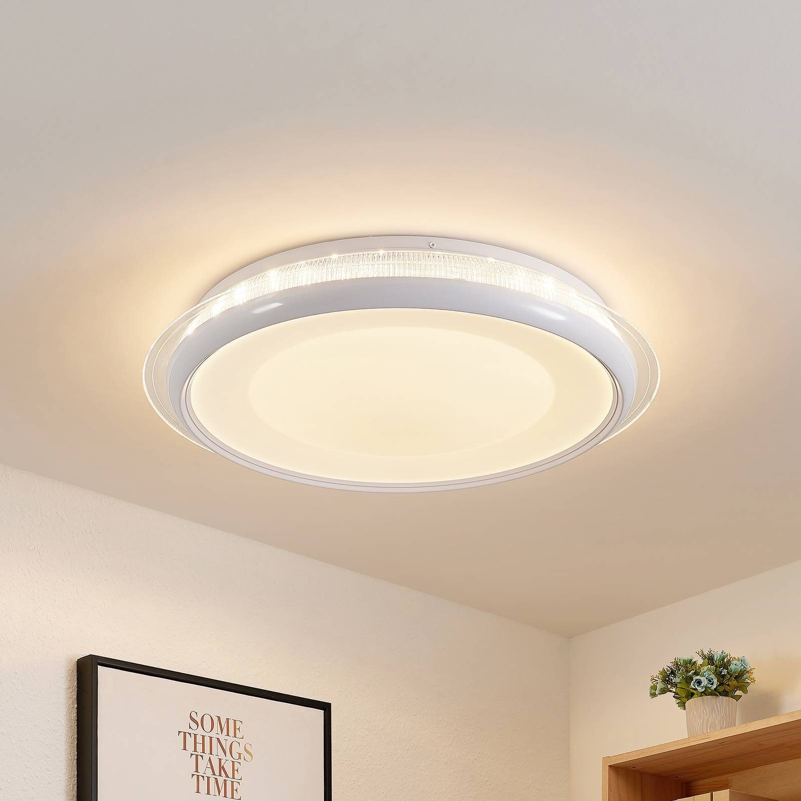 Lindby fest 1 LED warmweiß Olani, weiß, Modern, Deckenleuchte Metall, Farbwechsel LED-Leuchtmittel flammig, verbaut, Kunststoff, dimmbar, tageslicht, /