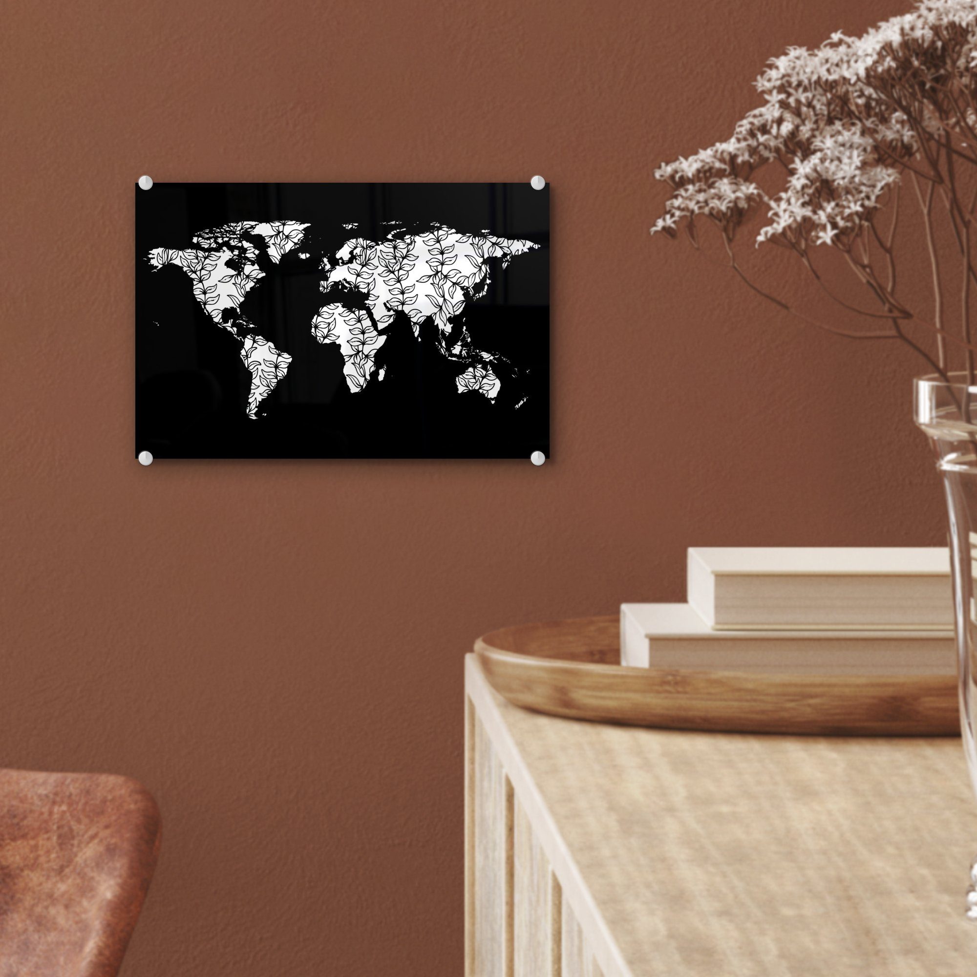 MuchoWow Acrylglasbild Weltkarte auf Wanddekoration Foto - Weiß - - Glas St), Glas - Bilder auf - Wandbild (1 Schwarz - Blätter, Glasbilder