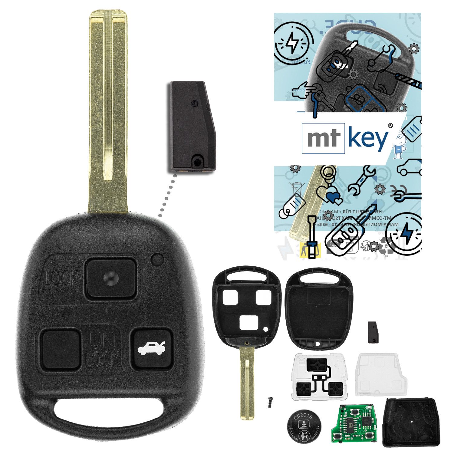 mt-key Schlüsseltasche Auto Funk Schlüssel Fernbedienung TOY48 434MHZ ID68 (Set), für Lexus LS 430 (UCF30, 00–06); LX 470 (II, 02–06)