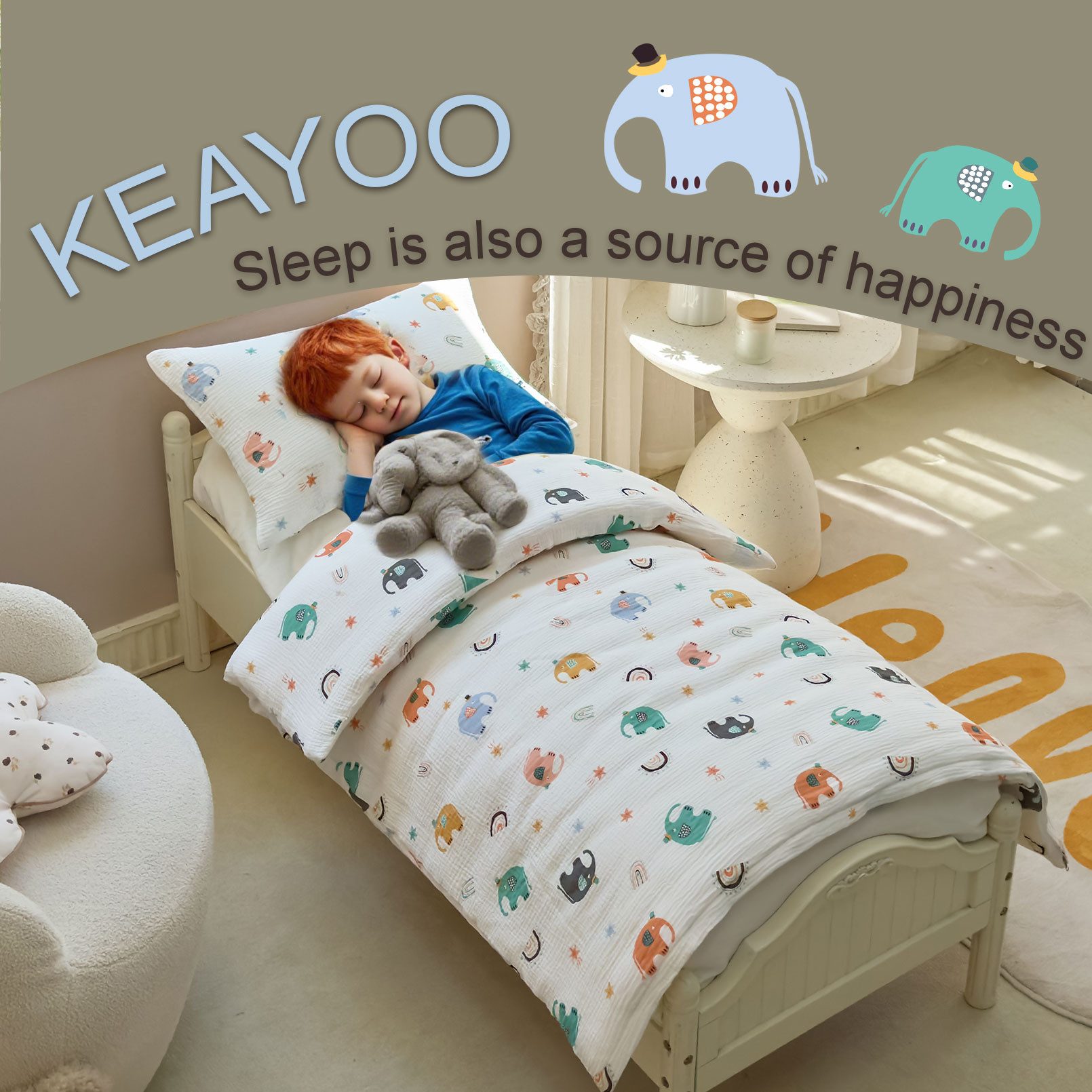 KEAYOO Kinderbettwäsche Muslin Bettwäsche Baumwolle Double Gauze, 2 teilig, Double Gauze Bettwäsche mit Elefantenmotiven für Kinder