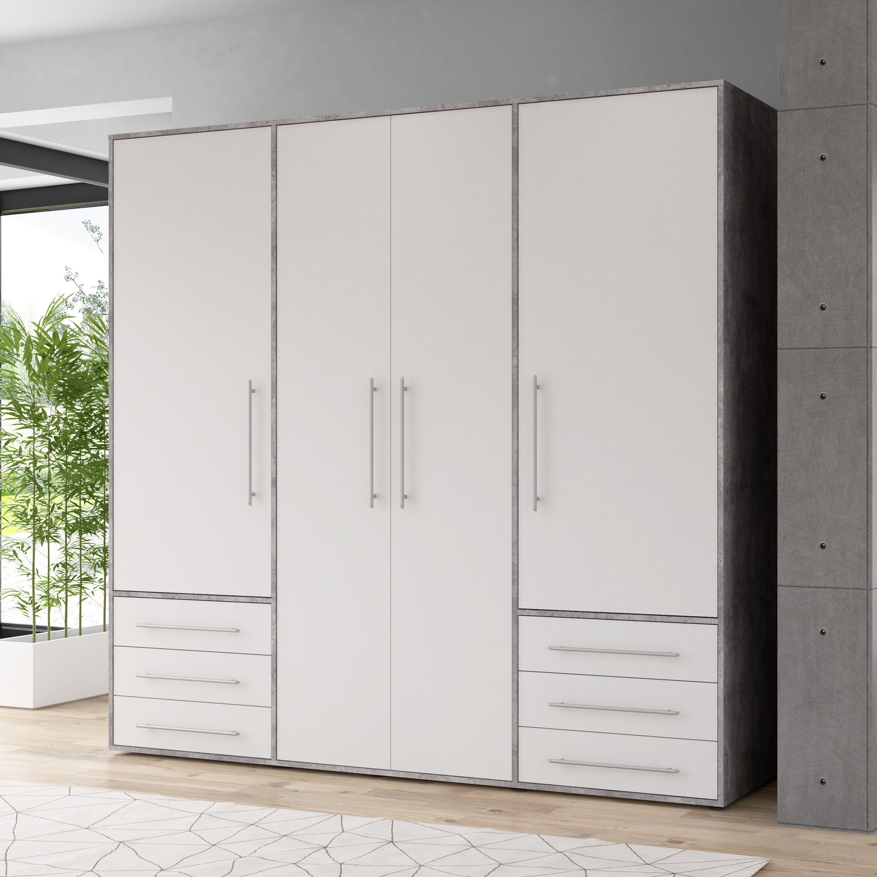 FORTE Drehtürenschrank Mokkaro, Kleiderschrank,zeitloses Design, 4 türig viel Stauraum, Schubladen, Stangengriffe, Made in Europe