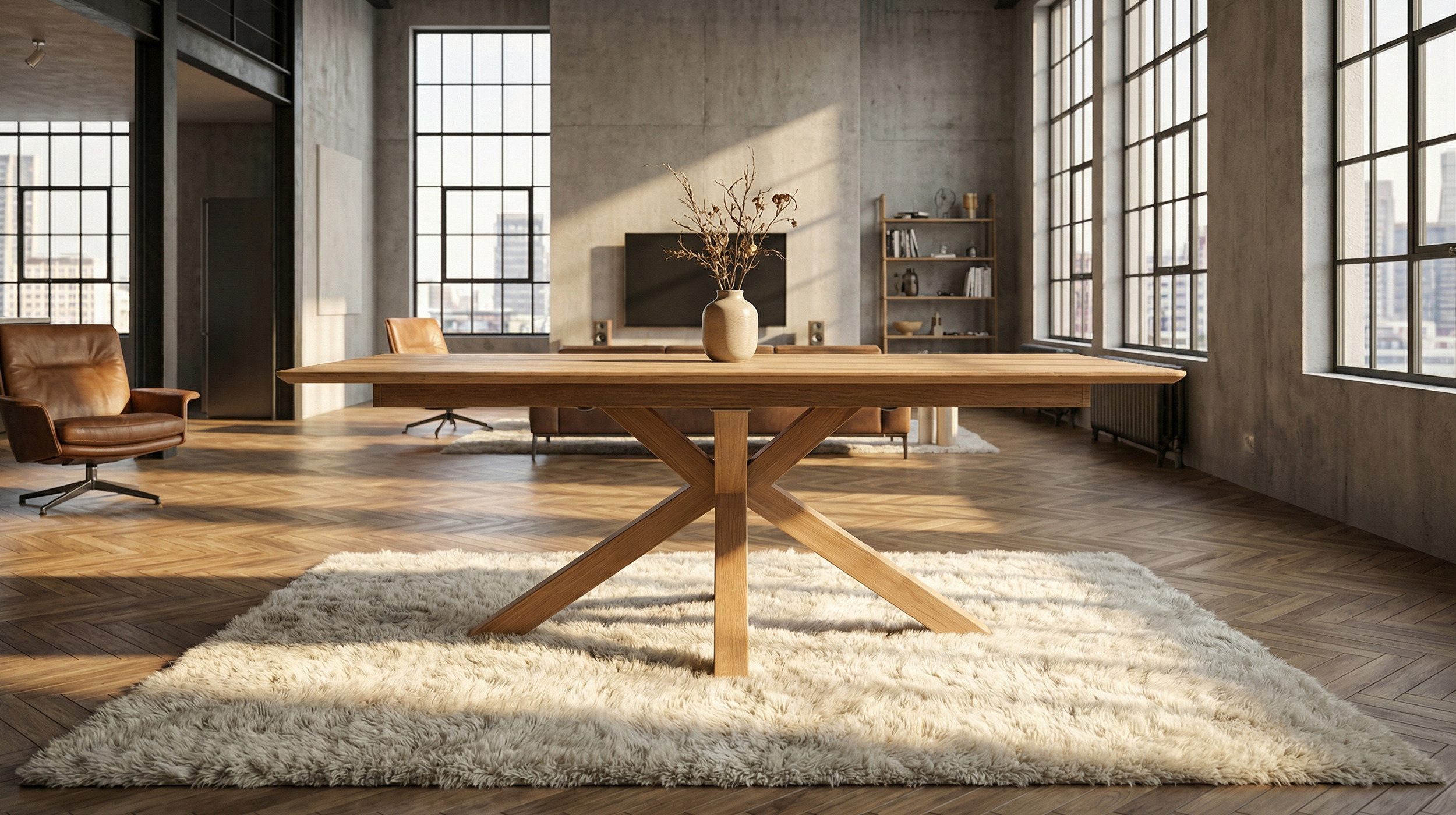 Massivart® dining table, solid wild oak, oiled, extendable / Spider frame wood / RICARDO, Swiss edge • internal butterfly extension • Pure nature