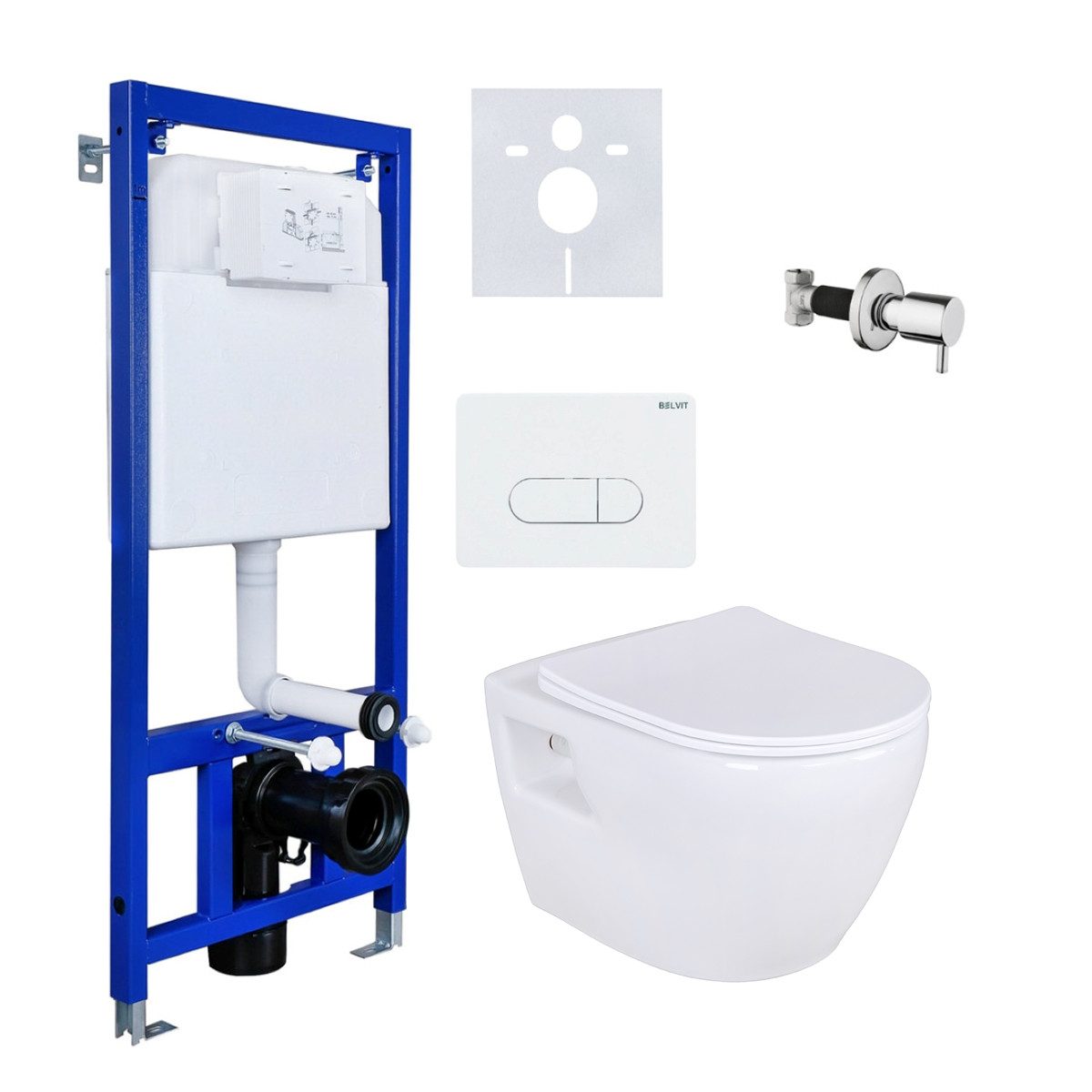 Belvit WC-Komplettset mit Taharet / Bidet Funktion, verschiedene WCs in schwarz & weiß, (Spar-Set Spülrandloses Wand-WC), Softclose, Vorwandelement, Absperrventil & Hygienedusche