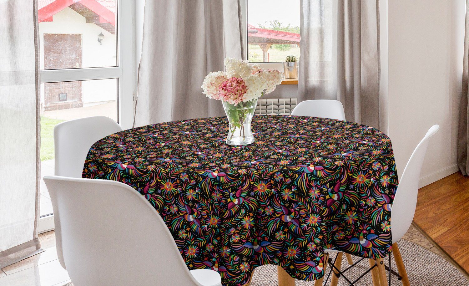 Abakuhaus Tischdecke Kreis Tischdecke Abdeckung für Esszimmer Küche Dekoration, Ethnisch Abstrakte Blumen und Phoenix