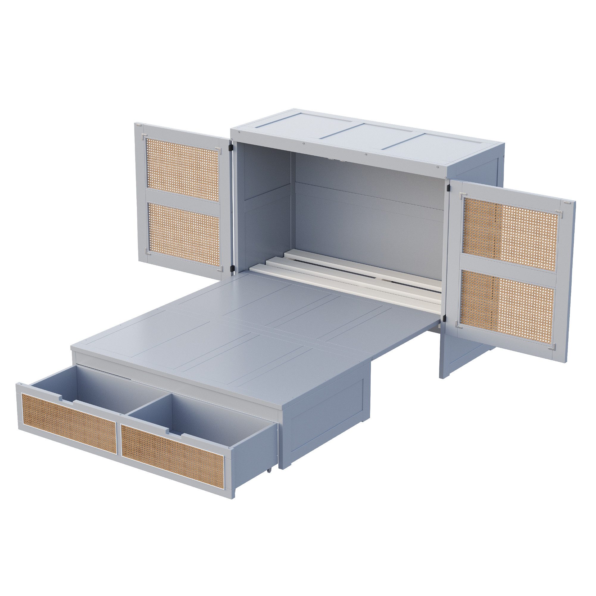 EXTSUD Schrankbett Schrankbett 140x200 cm mit Lattenrost, Stauraum & Rattan-Design (Rattan-Design, Holzbetten, Jugendbetten, Einzelbetten) vertikales schrankbett mit Lattenrost, mit Stauraumschubladen