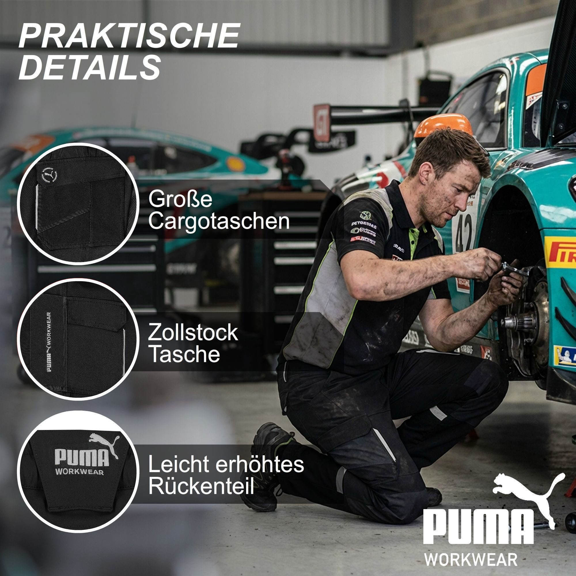 PUMA Workwear Arbeitshose Herren - Mit 4-Wege Stretch - Robust - verstärkter Kniebereich Gummizug - Erhöhtes Rückenteil - Bundhose mit verlängerbarem Hosensaum