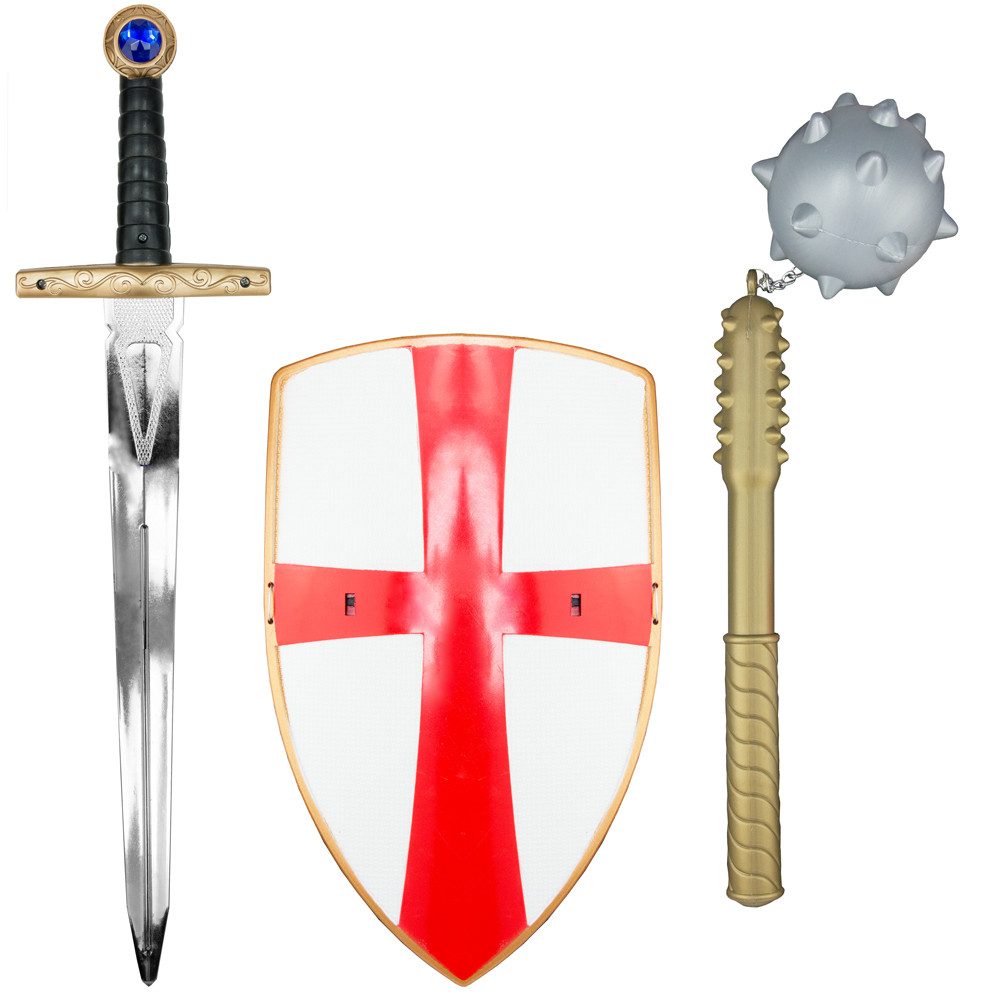 Das Kostümland Kostüm Ritter Set - Schild, Schwert und Morgenstern Rot