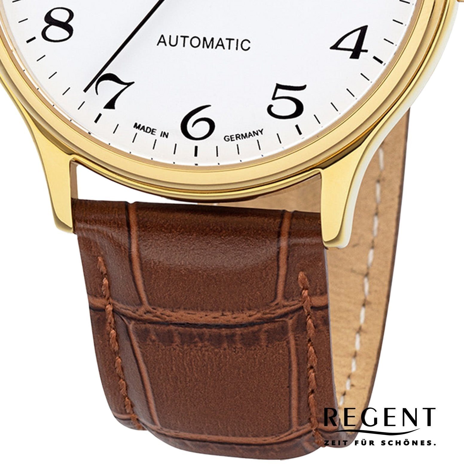 Regent Automatikuhr Regent Herren Armbanduhr Analoganzeige, (Analoguhr), Herren Armbanduhr rund, groß (ca. 40mm), Lederbandarmband